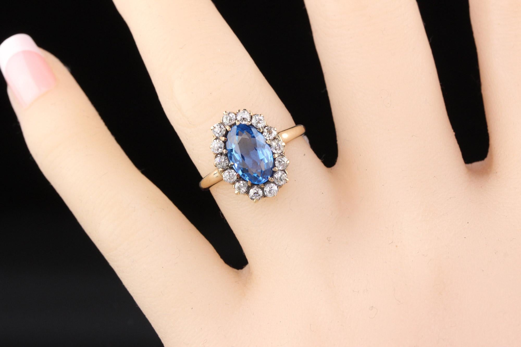 Antique Victorian 14 Karat Yellow Gold Blue Spinel and Diamond Cluster Ring 1