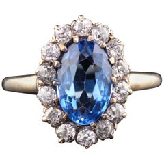 Antique Victorian 14 Karat Yellow Gold Blue Spinel and Diamond Cluster Ring
