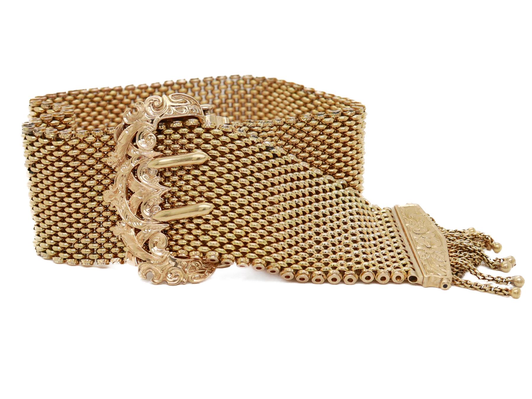 Antique Victorian 14K Yellow Gold Buckle Slide Tassle Bracelet 6