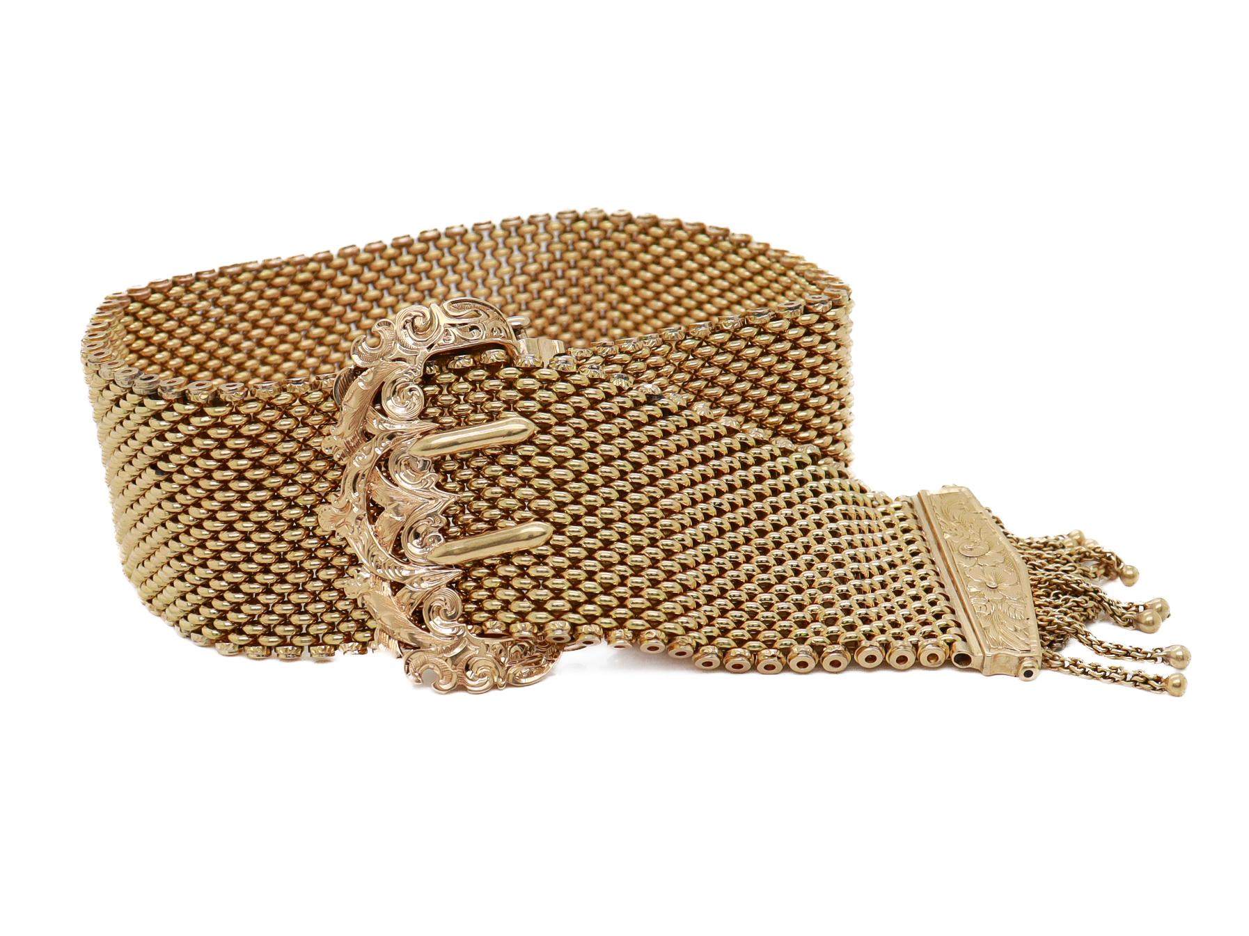 Antique Victorian 14K Yellow Gold Buckle Slide Tassle Bracelet 8