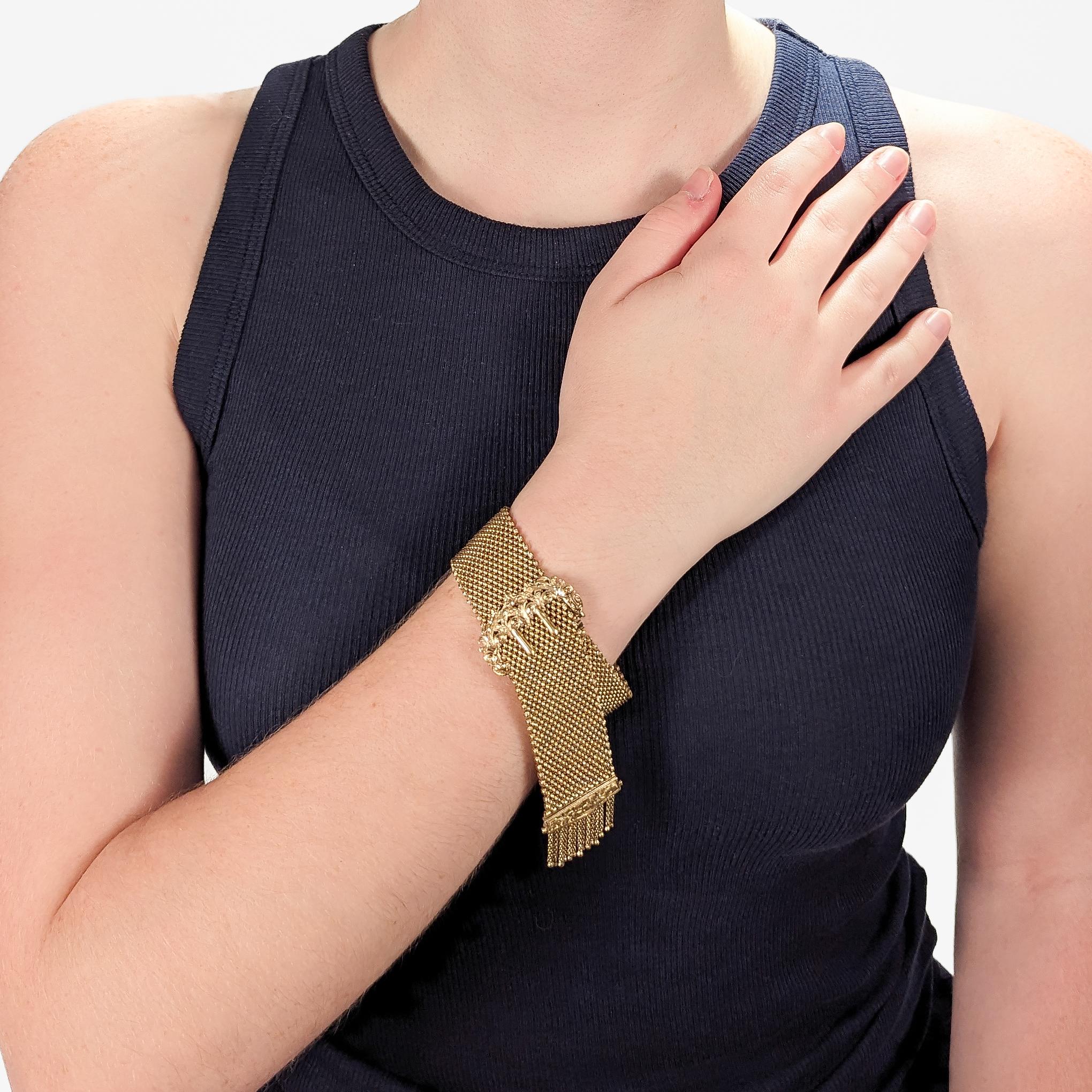 Antique Victorian 14K Yellow Gold Buckle Slide Tassle Bracelet In Good Condition In Philadelphia, PA