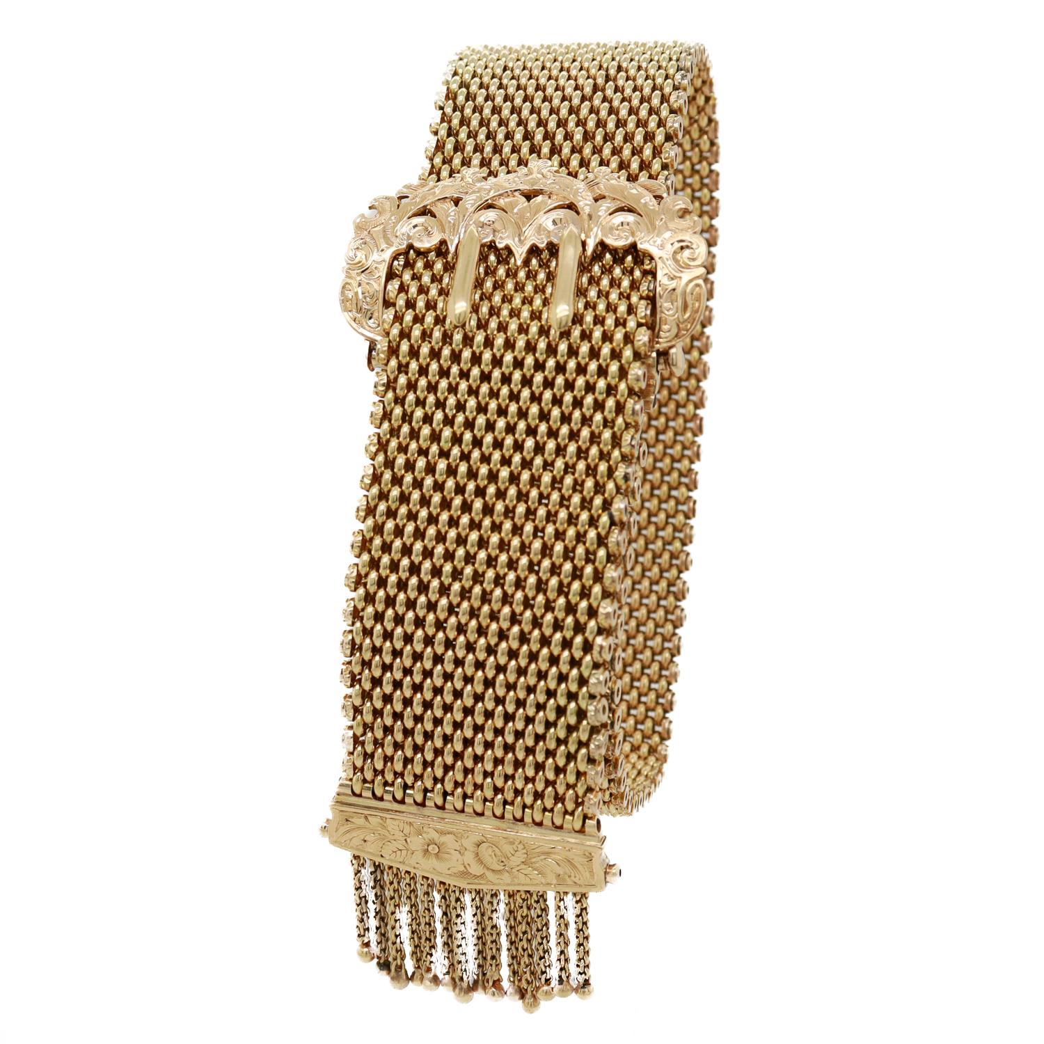 Women's or Men's Antique Victorian 14K Yellow Gold Buckle Slide Tassle Bracelet