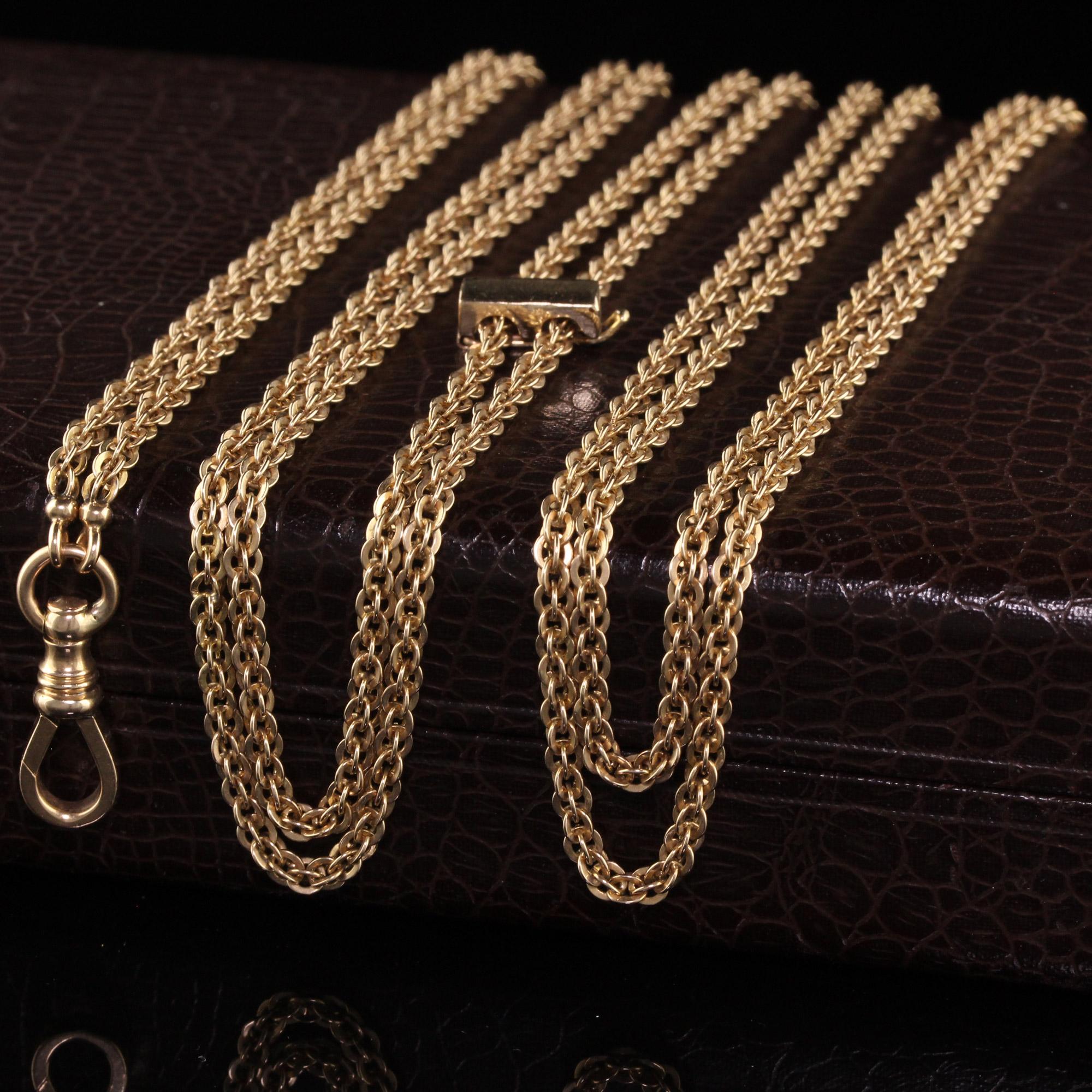 Beautiful Antique Victorian 14K Yellow Gold Cable Link Chain Necklace - 67 Inches. This beautiful cable link necklace is crafted in 14k yellow gold. The necklace measures 67 inches long and is in great condition. There is a gold piece that locks
