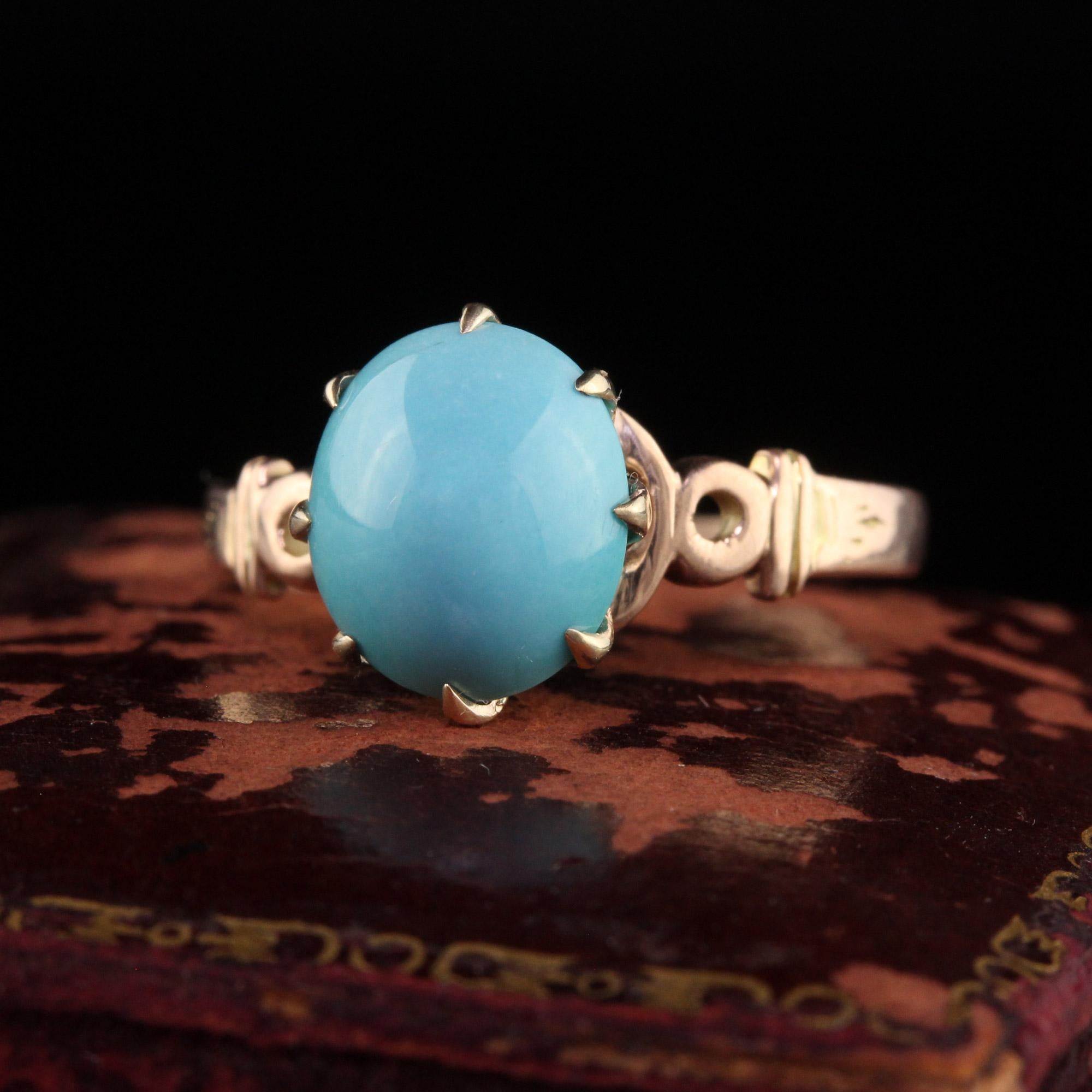 Beautiful Antique Victorian 14K Yellow Gold Cabochon Turquoise Engagement Ring. This gorgeous engagement ring is crafted in 14k yellow gold. The center holds a beautiful cabochon turquoise and has a beautiful blue color to it. The ring is in great