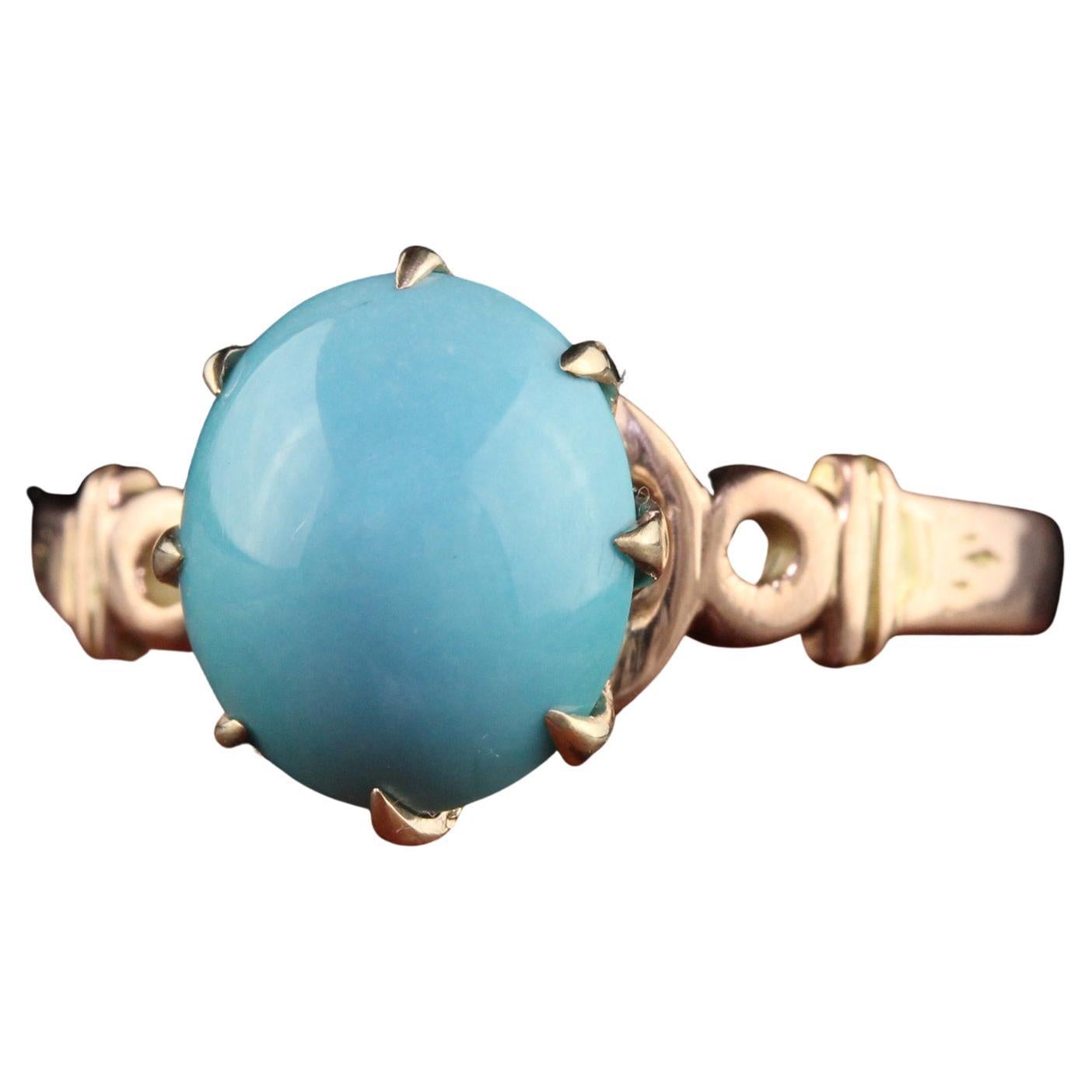 Antique Victorian 14K Yellow Gold Cabochon Turquoise Engagement Ring For Sale
