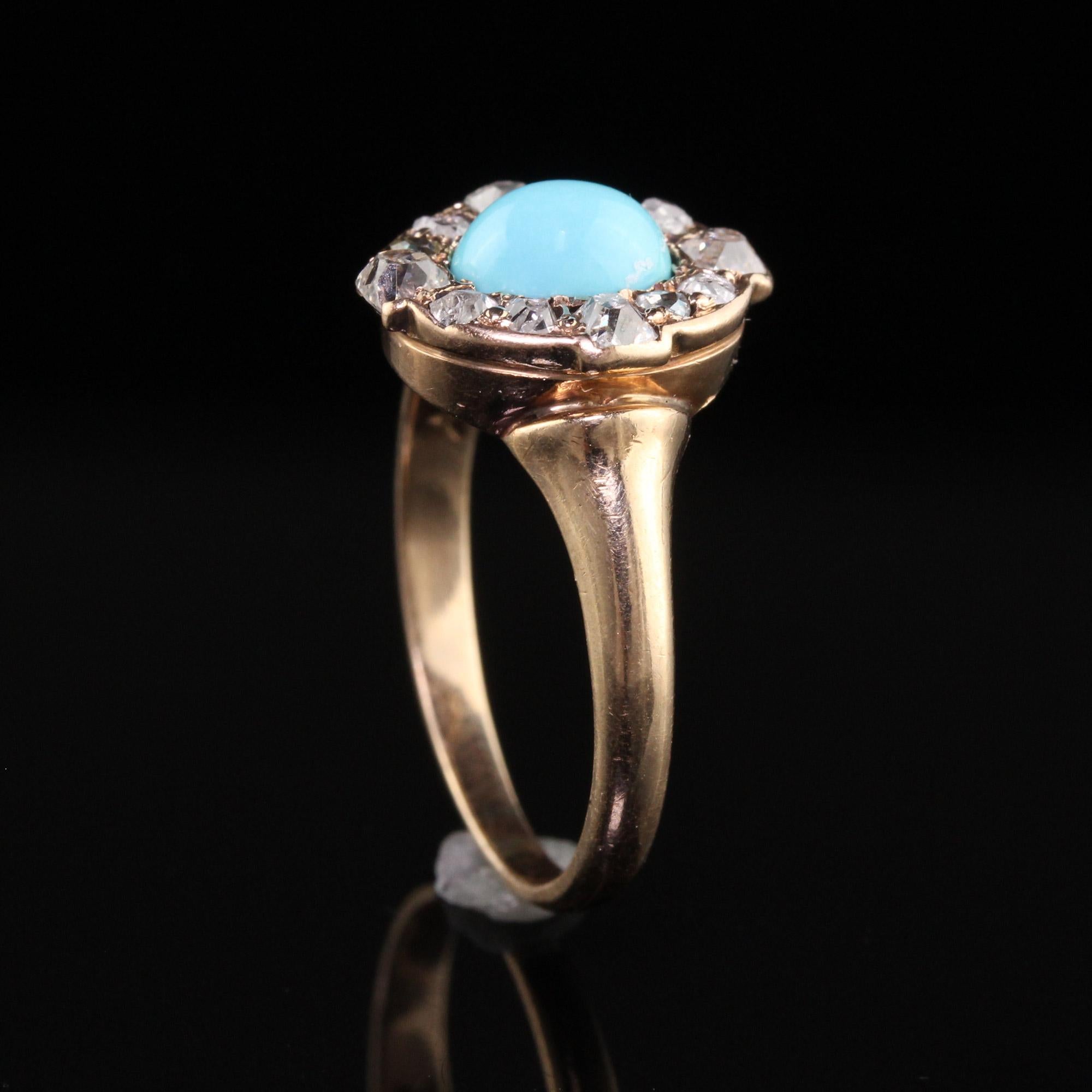 Antique Victorian 14K Yellow Gold Cabochon Turquoise Old Mine Cut Diamond Ring In Good Condition In Great Neck, NY