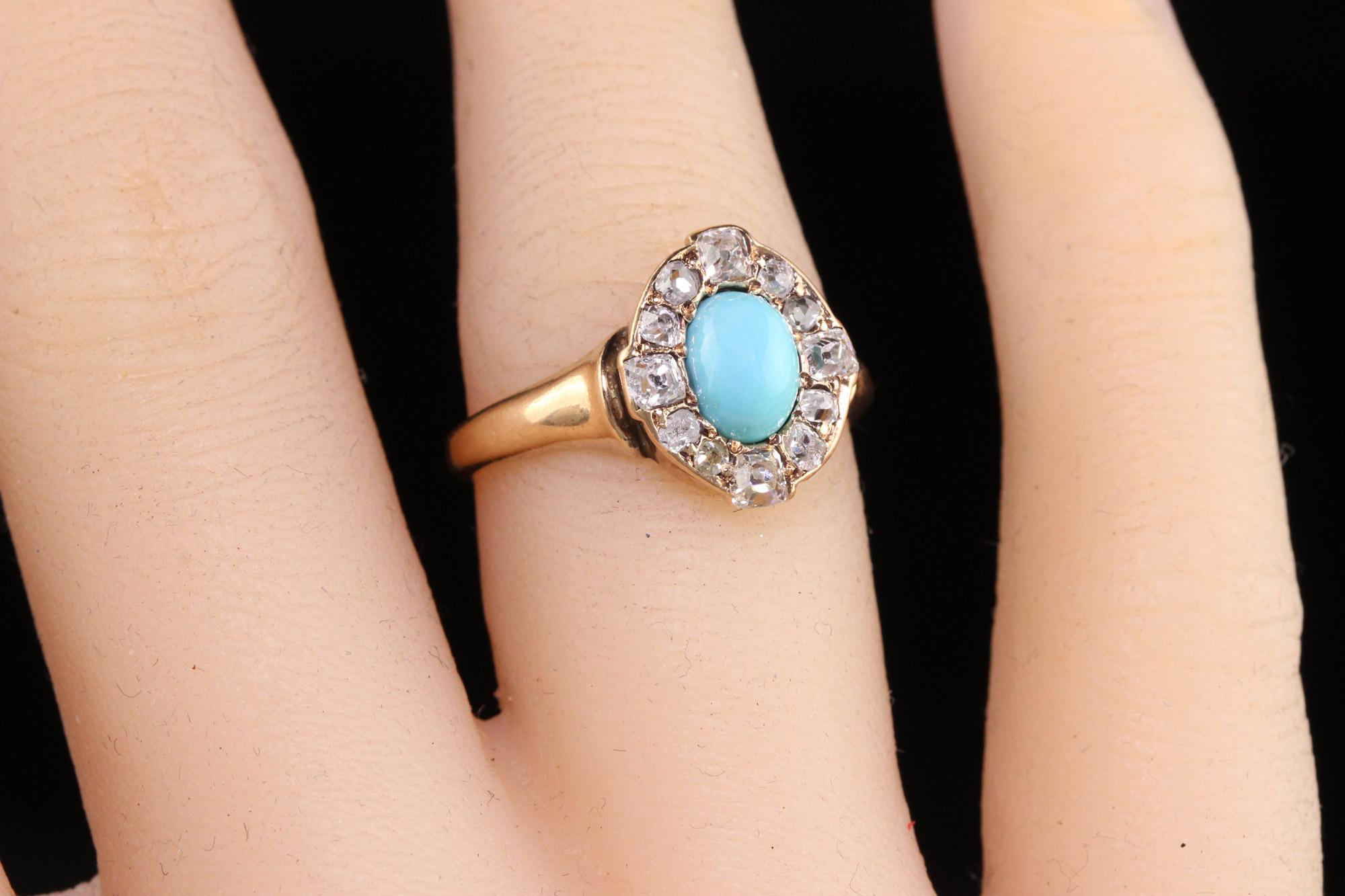 Women's Antique Victorian 14K Yellow Gold Cabochon Turquoise Old Mine Cut Diamond Ring