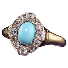 Antique Victorian 14K Yellow Gold Cabochon Turquoise Old Mine Cut Diamond Ring