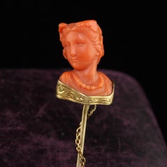 Antique Victorian 14K Yellow Gold Carved Coral Lady Stick Pin
