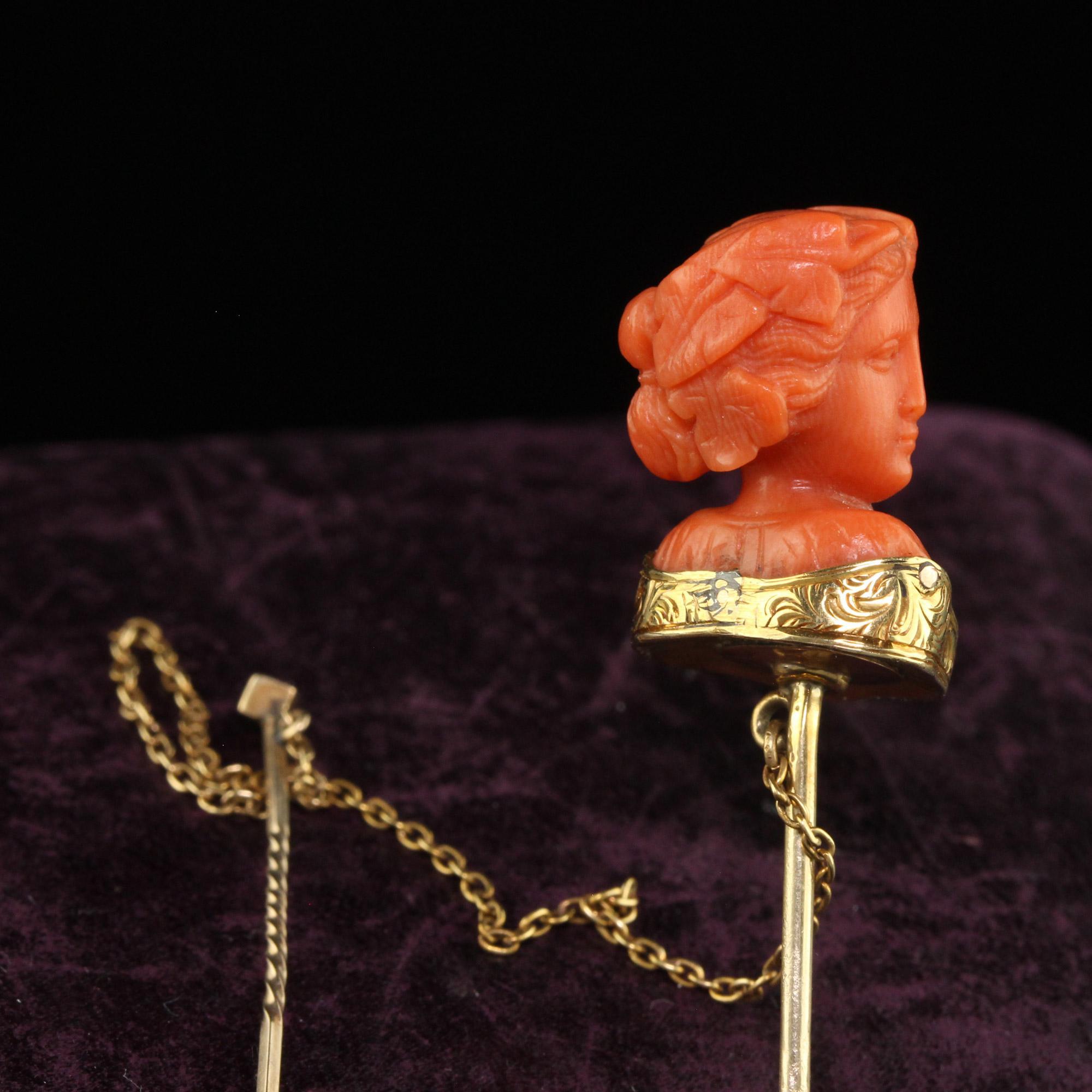 Uncut Antique Victorian 14K Yellow Gold Carved Coral Lady Stick Pin For Sale