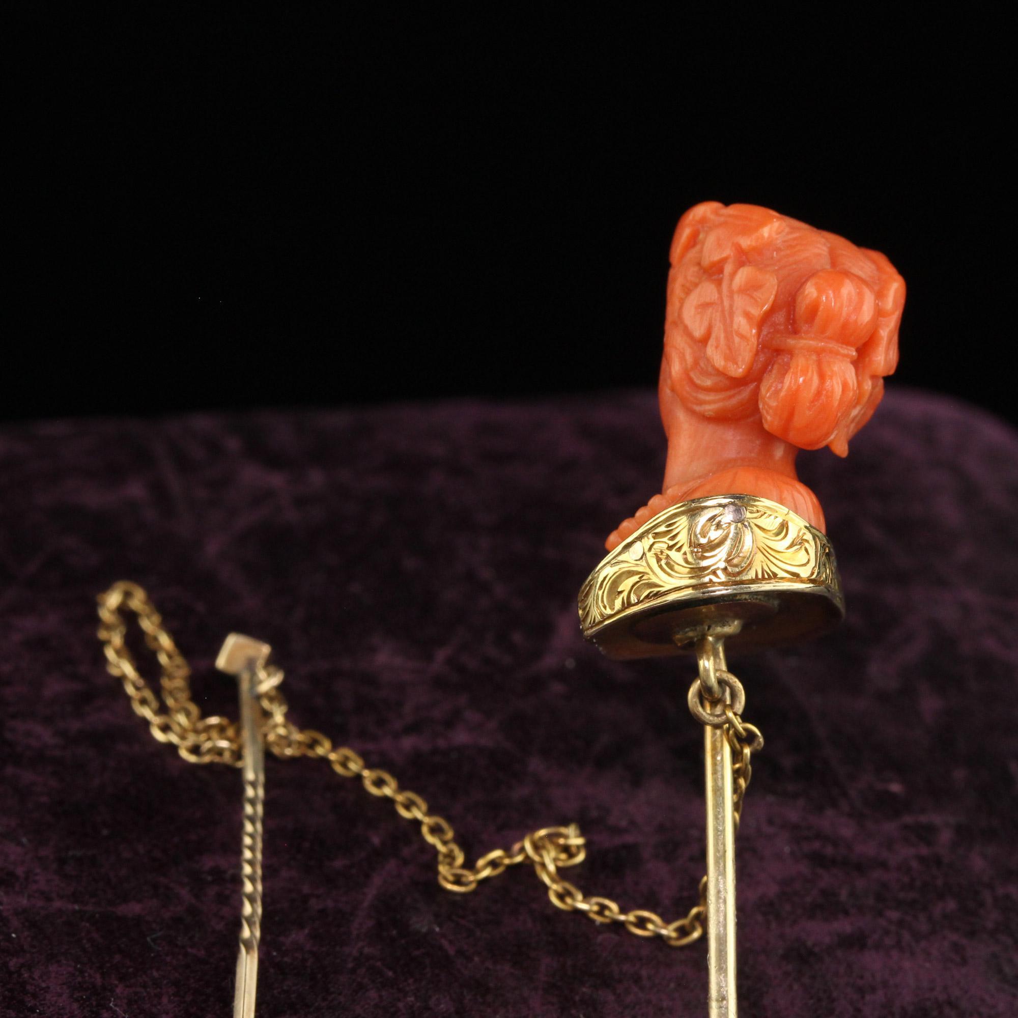 Antique Victorian 14K Yellow Gold Carved Coral Lady Stick Pin In Good Condition For Sale In Great Neck, NY