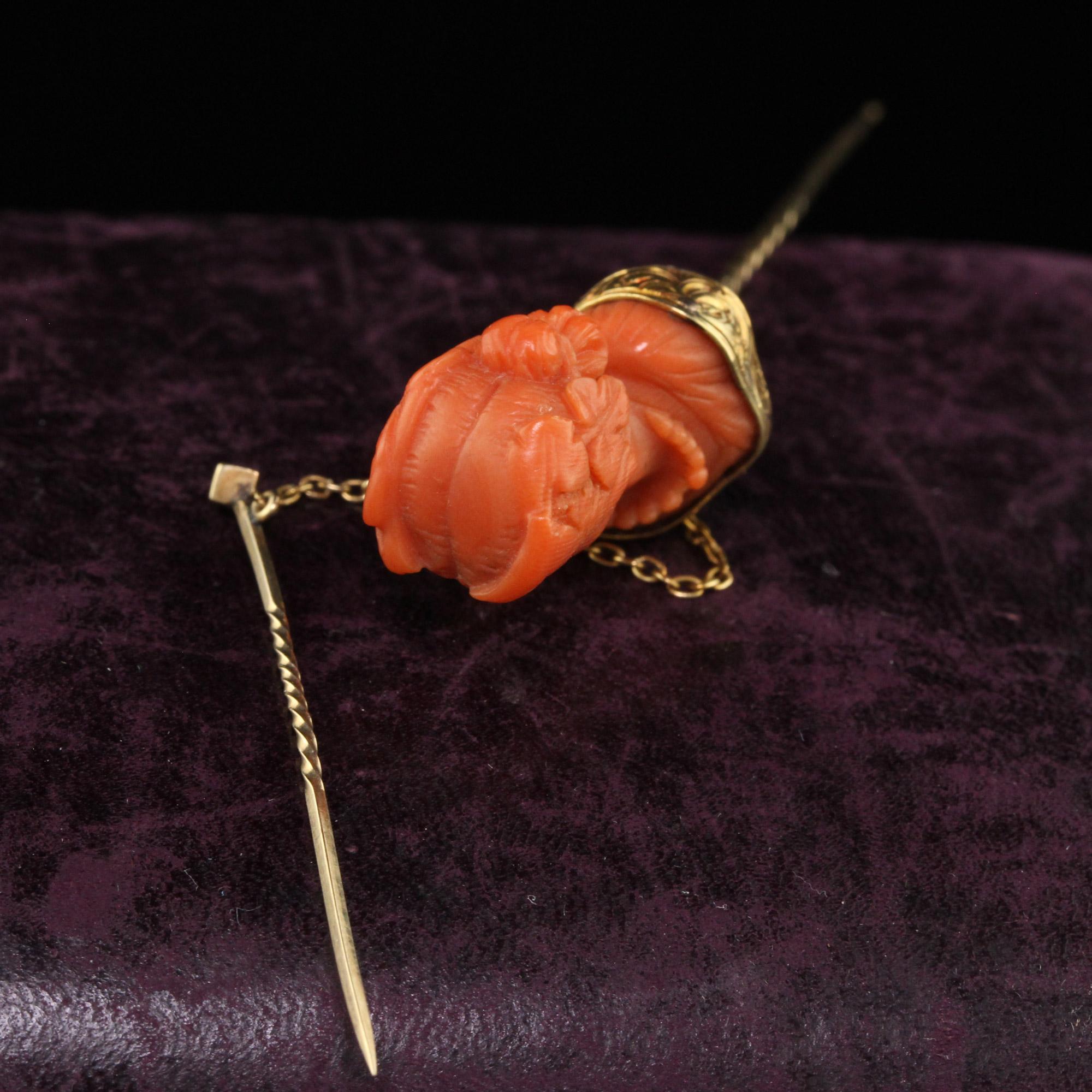 Women's or Men's Antique Victorian 14K Yellow Gold Carved Coral Lady Stick Pin For Sale