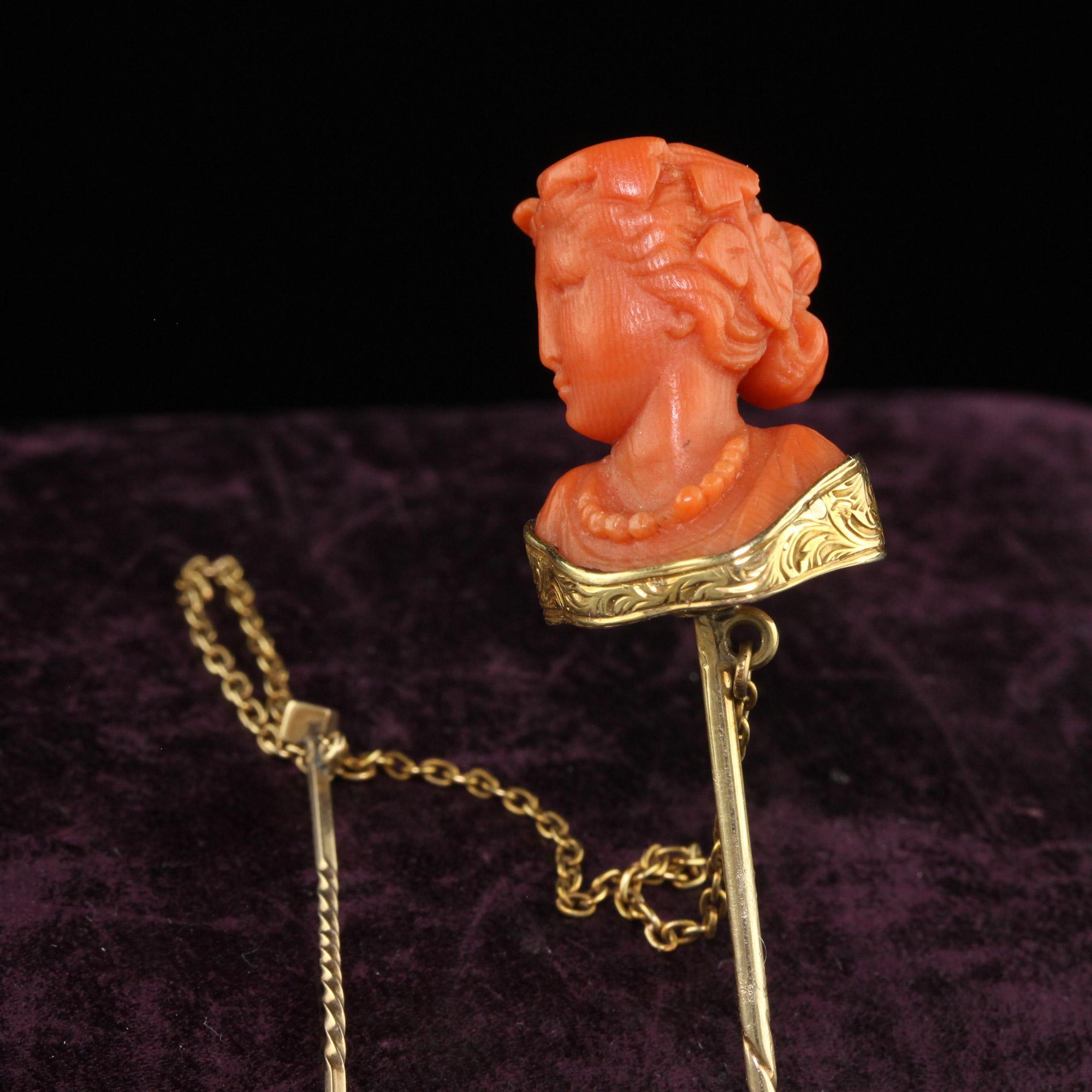 Antique Victorian 14K Yellow Gold Carved Coral Lady Stick Pin For Sale 1