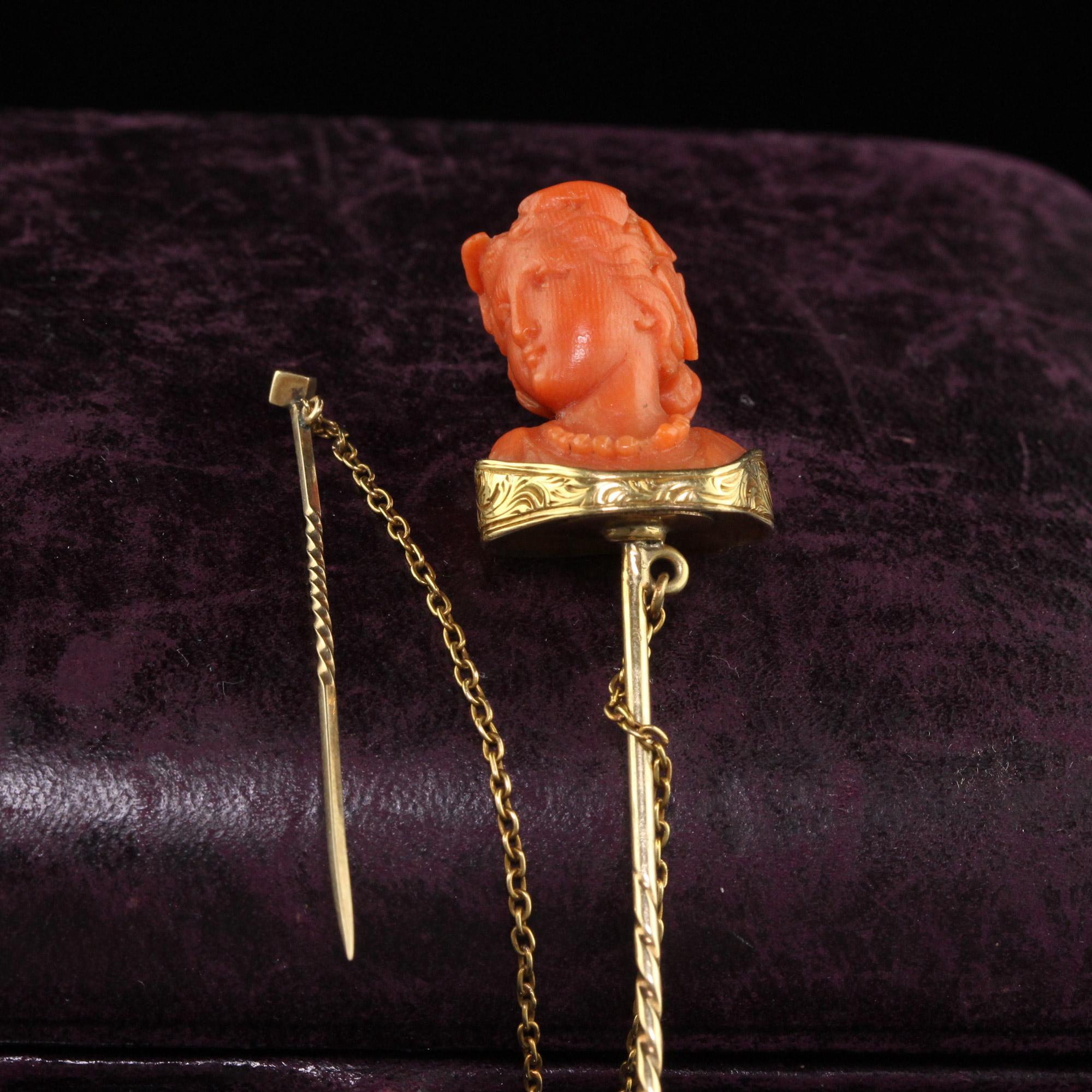 Antique Victorian 14K Yellow Gold Carved Coral Lady Stick Pin For Sale 2