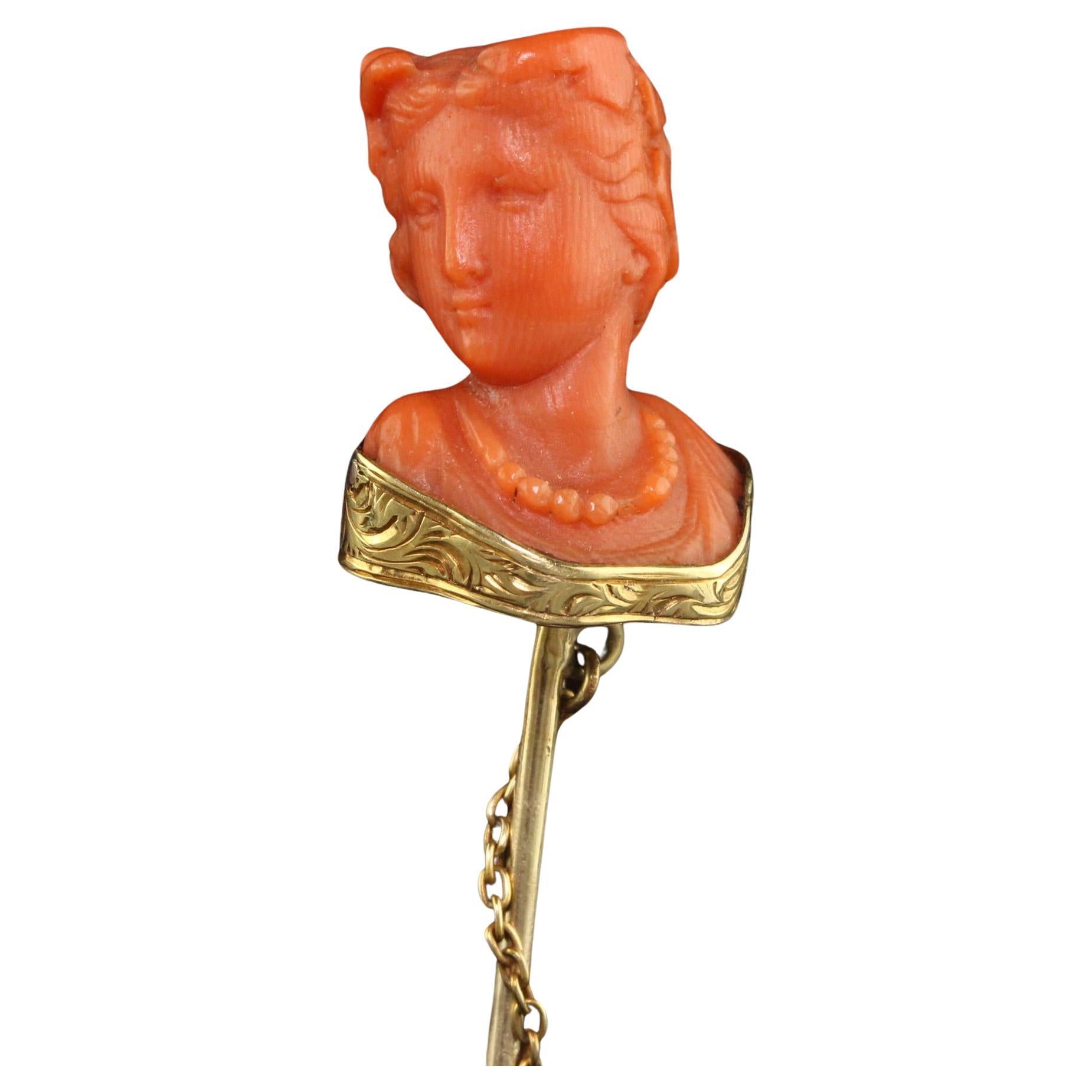 Antique Victorian 14K Yellow Gold Carved Coral Lady Stick Pin For Sale