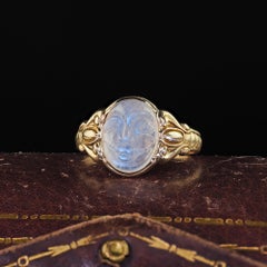 Antique Victorian 14K Yellow Gold Carved Face Moonstone Engraved Ring