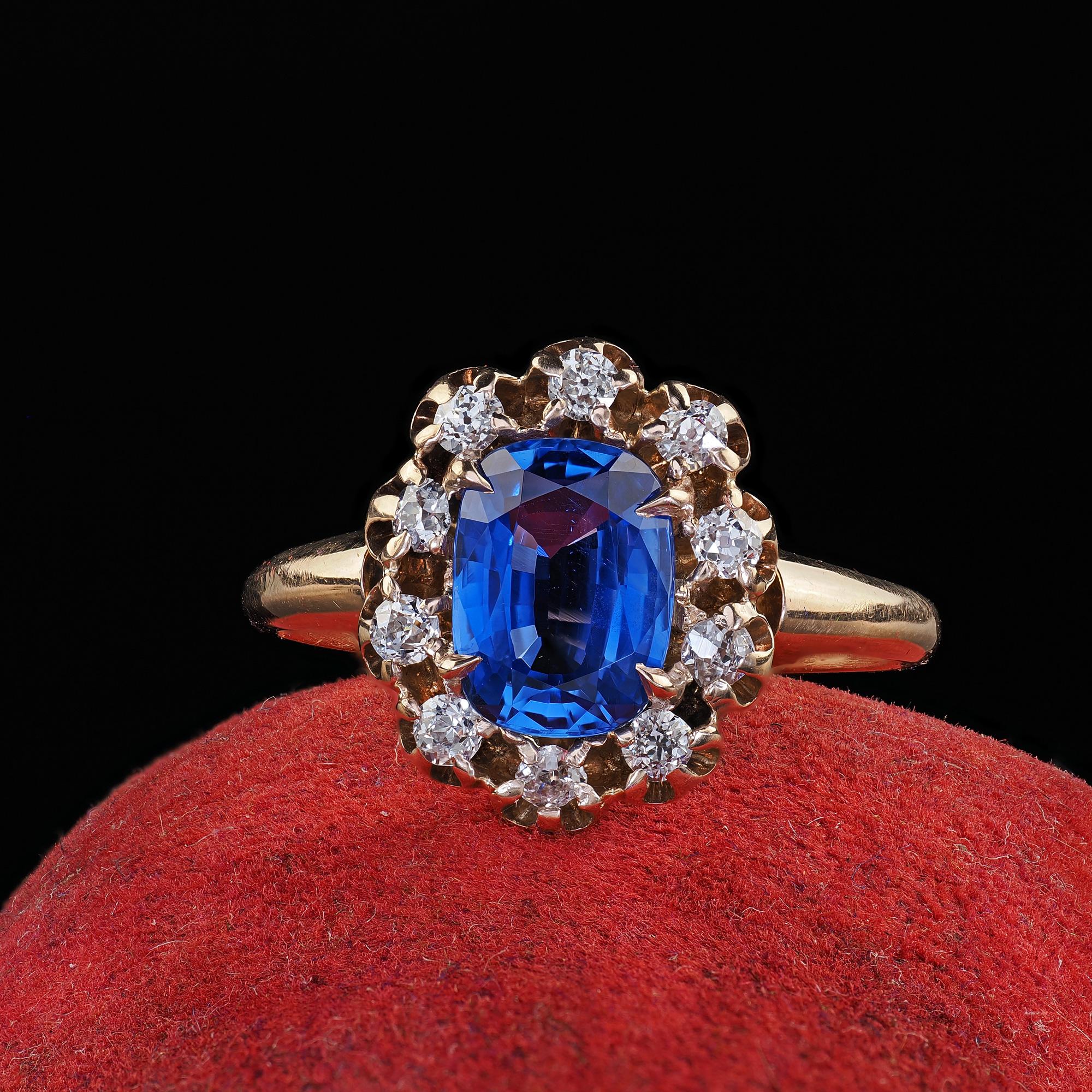 Beautiful Antique Victorian 14K Yellow Gold Ceylon Sapphire Diamond Engagement Ring - GIA. This gorgeous Victorian Ceylon sapphire and diamond engagement ring is crafted in 14k yellow gold. This beautiful ring features a bright saturated natural