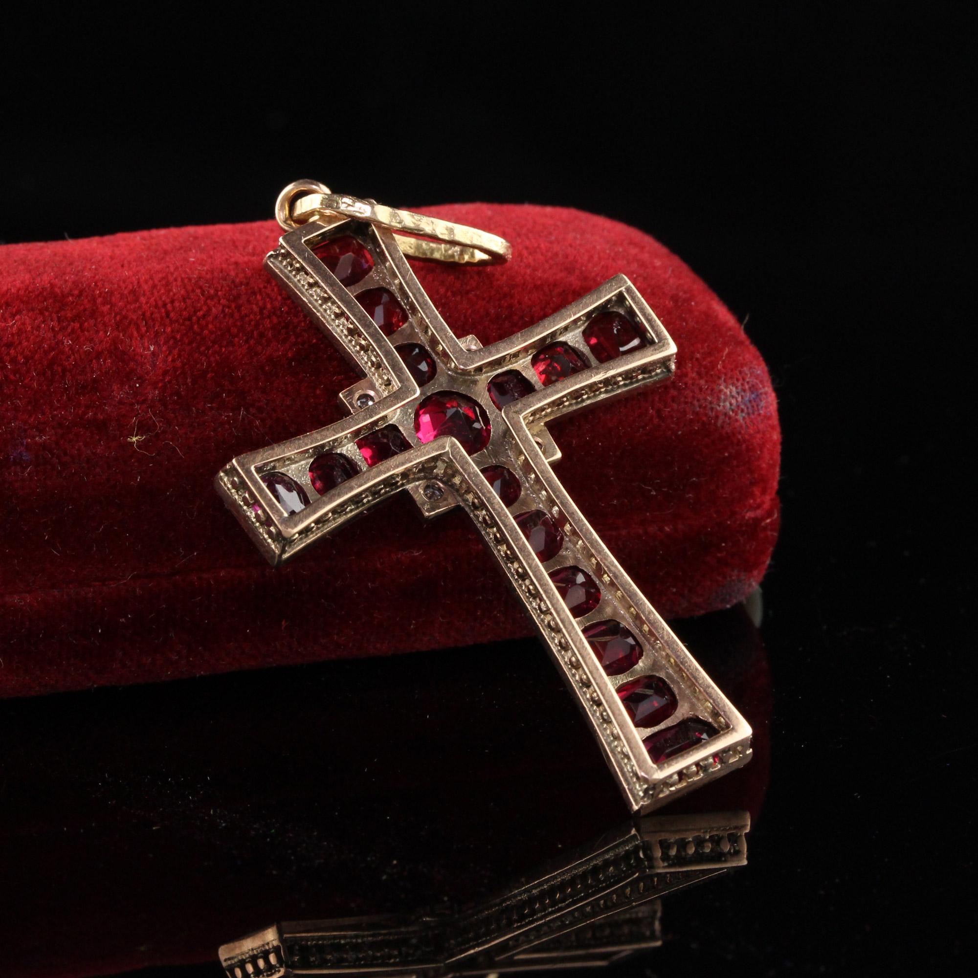 Gorgeous Antique Victorian 14K Yellow Gold Colored Gemstone Cross Pendant. This gorgeous cross features red gemstones that we believe to be synthetic rubies and rose cut diamonds.

Item #N0055

Metal: 18K Yellow Gold

Diamonds: Approximately .10