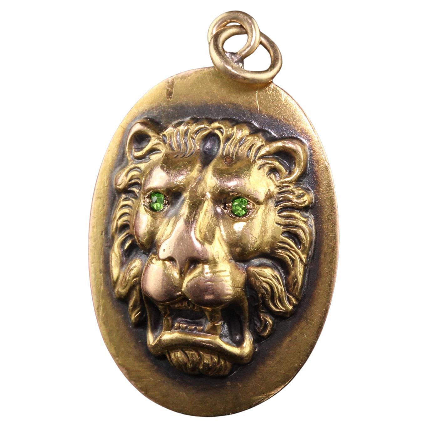 Antique Victorian 14K Yellow Gold Demantoid Eye Lion Pendant