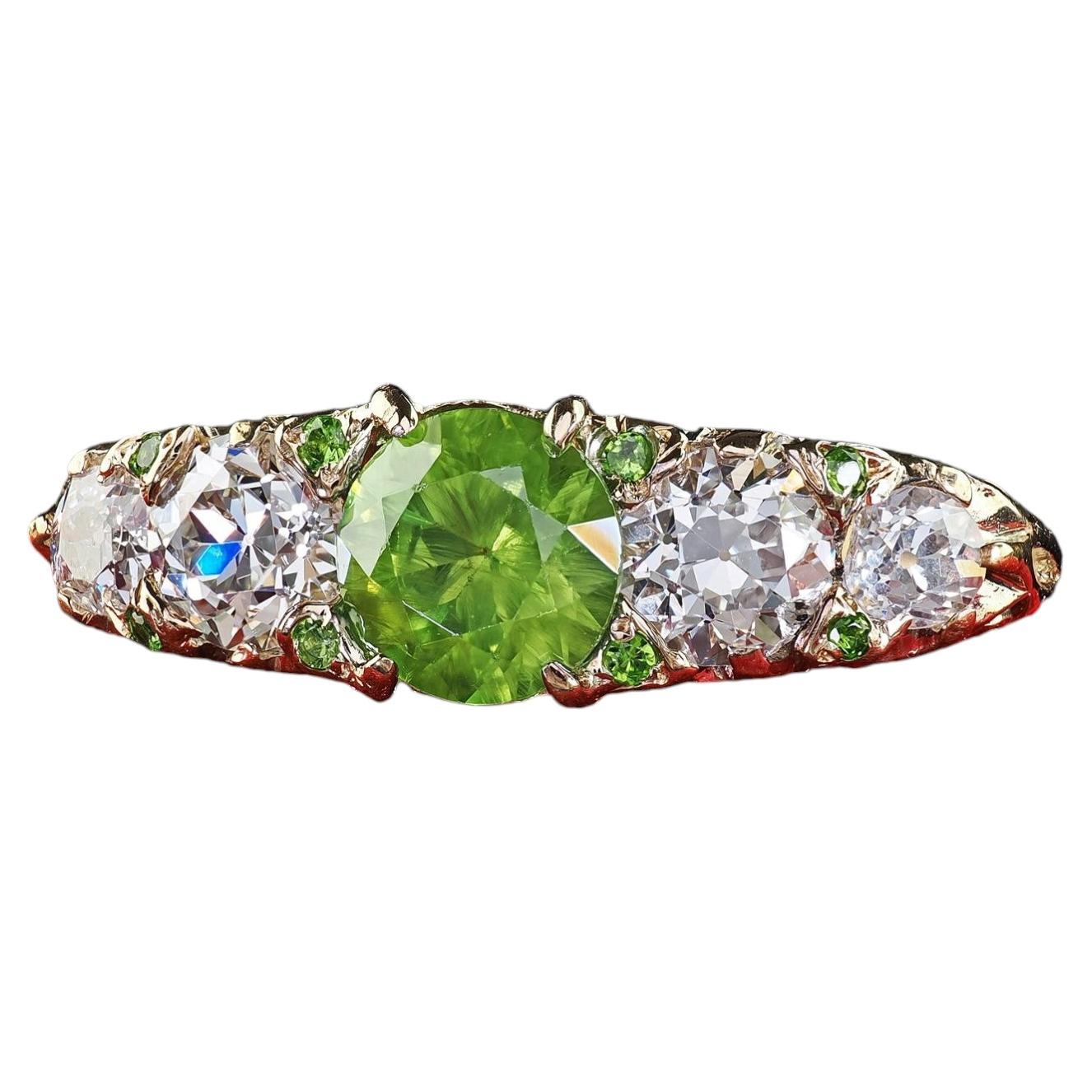 Antiker viktorianischer Diamantring aus 14-karätigem Gelbgold mit Demantoid-Granat im Old-Euro-Stil – GIA