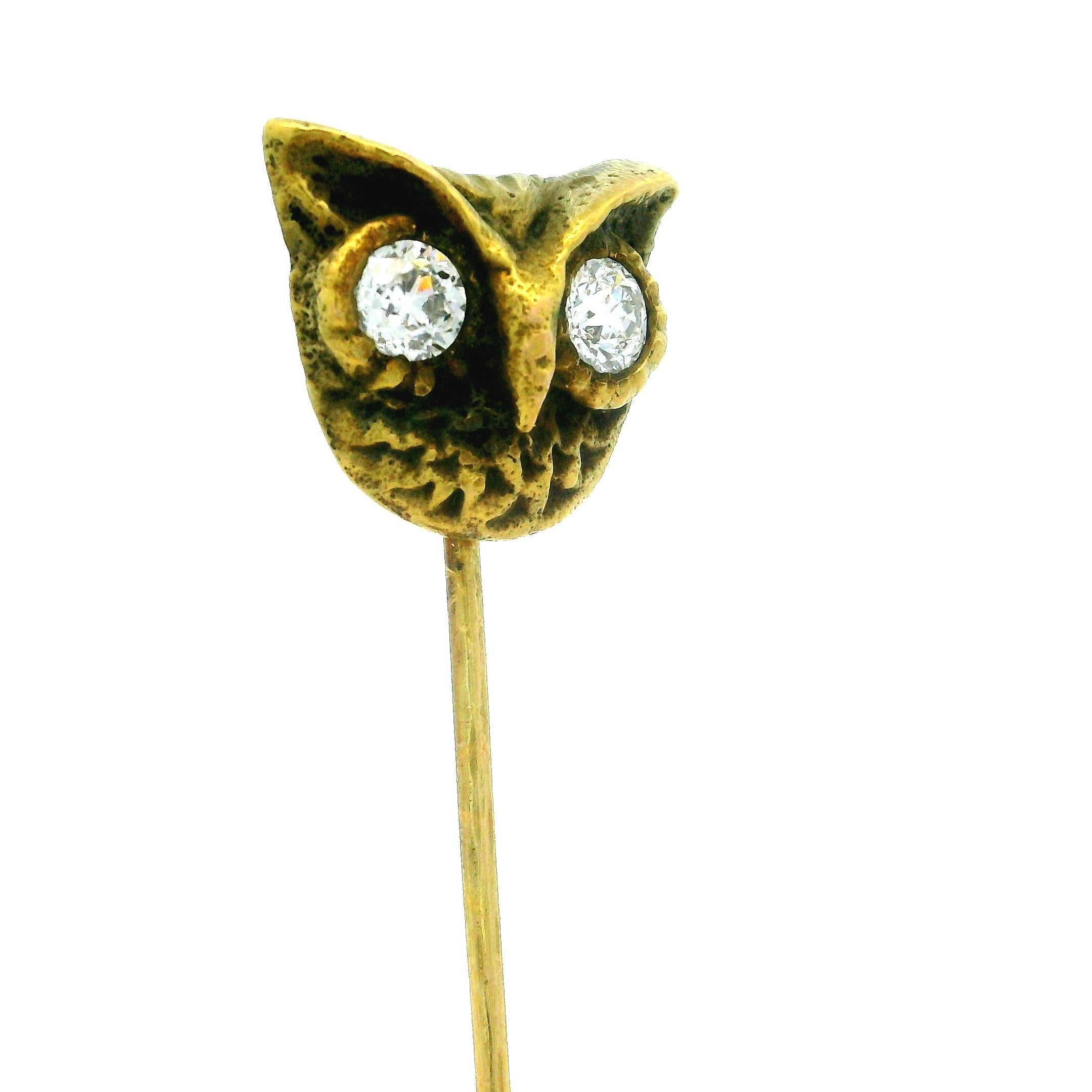 –Stone(s)–
(2) Natural Genuine Diamonds - Old European Cut - Bead Set - F/G Color - SI1/SI2 Clarity - 0.54ctw (approx.)

Material: 11k Yellow Gold Pin - 14k Yellow Gold Owl Head
Weight: 5.16 Grams
Overall Height: 69.49mm (2.73