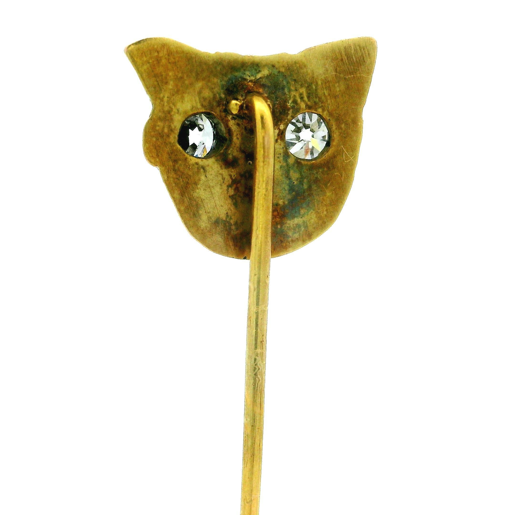 Old European Cut Antique Victorian 14k Yellow Gold Detailed Owl Head w/ Diamond Eyes Stick Pin For Sale