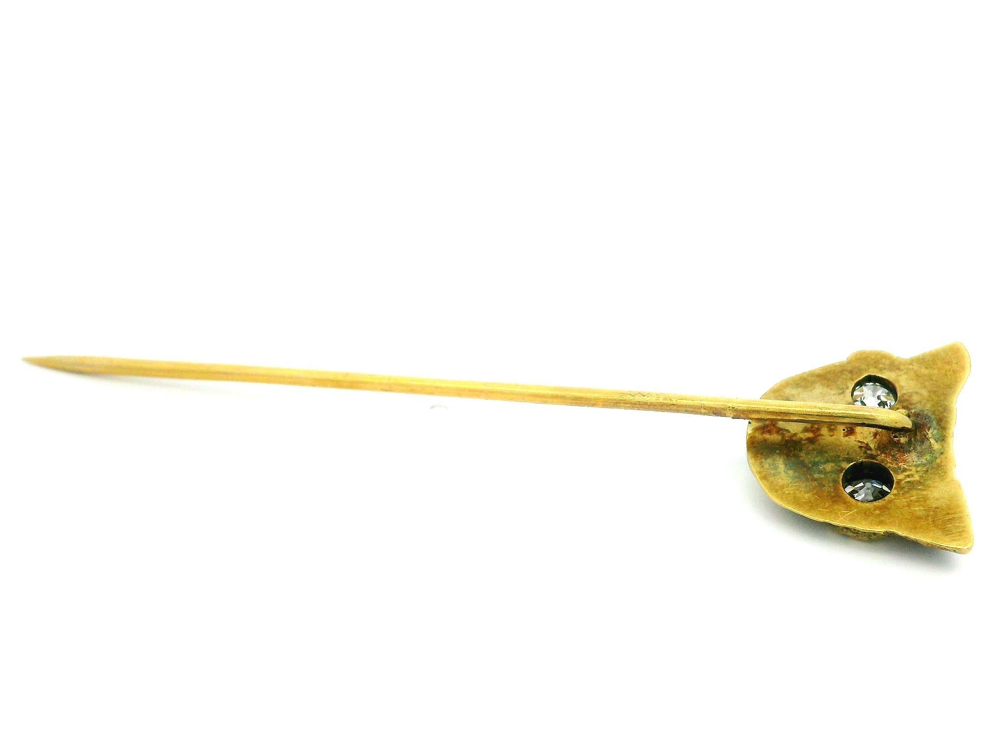 Women's or Men's Antique Victorian 14k Yellow Gold Detailed Owl Head w/ Diamond Eyes Stick Pin For Sale