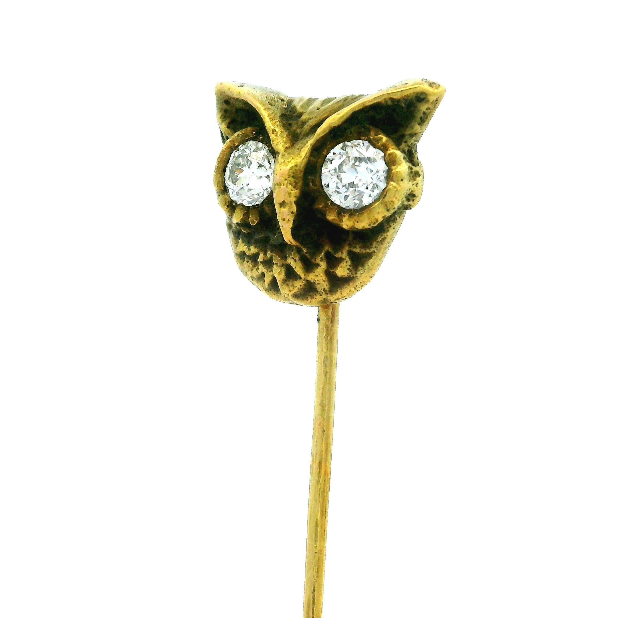 Antique Victorian 14k Yellow Gold Detailed Owl Head w/ Diamond Eyes Stick Pin For Sale 2