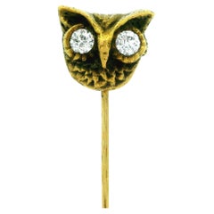 Antique Victorian 14k Yellow Gold Detailed Owl Head w/ Diamond Eyes Stick Pin