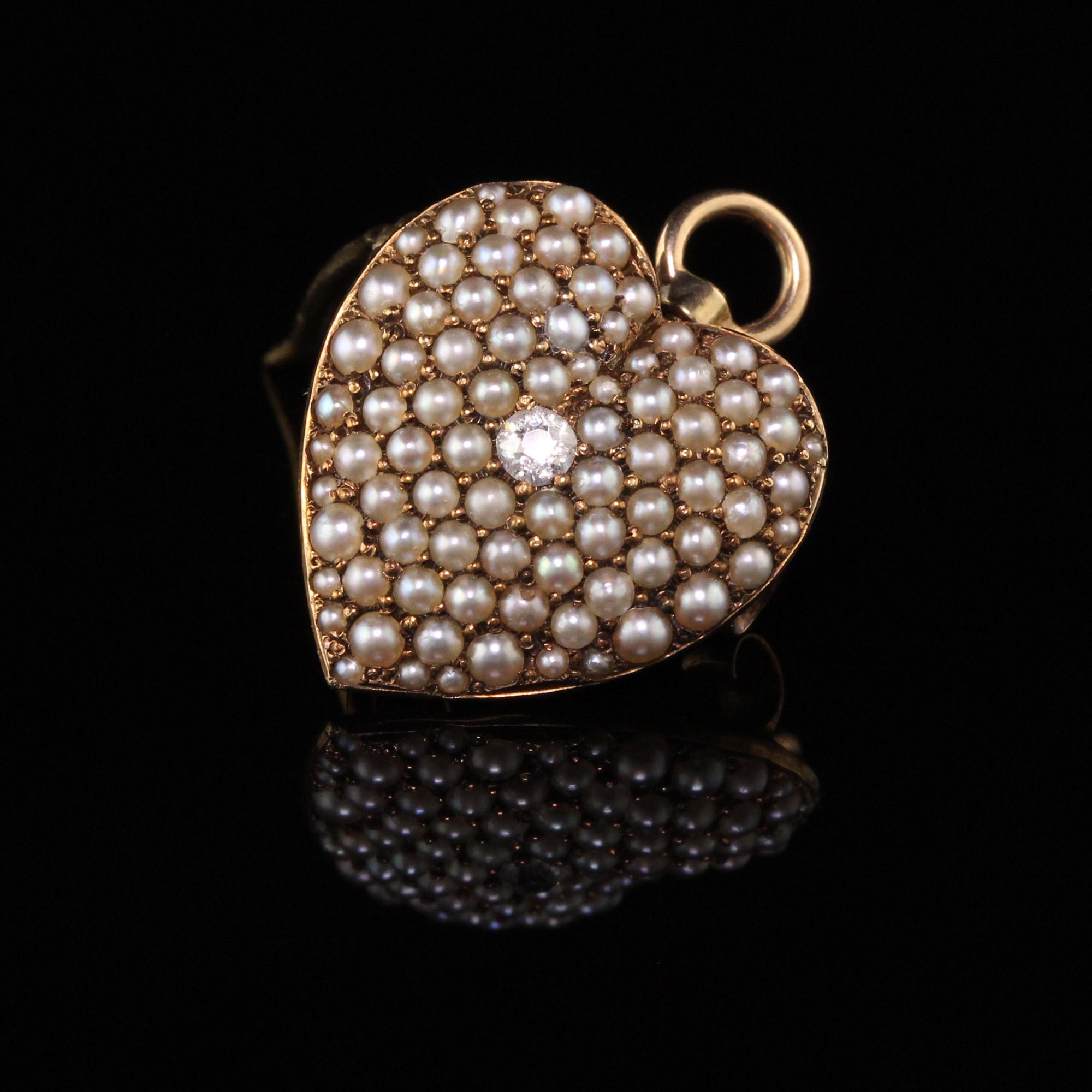 Victorian 14 Karat Yellow Gold Diamond and Natural Pearl Heart Pendant Pin In Good Condition In Great Neck, NY