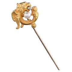 Antique Victorian 14K Yellow Gold Diamond and Pearl Griffin Stickpin