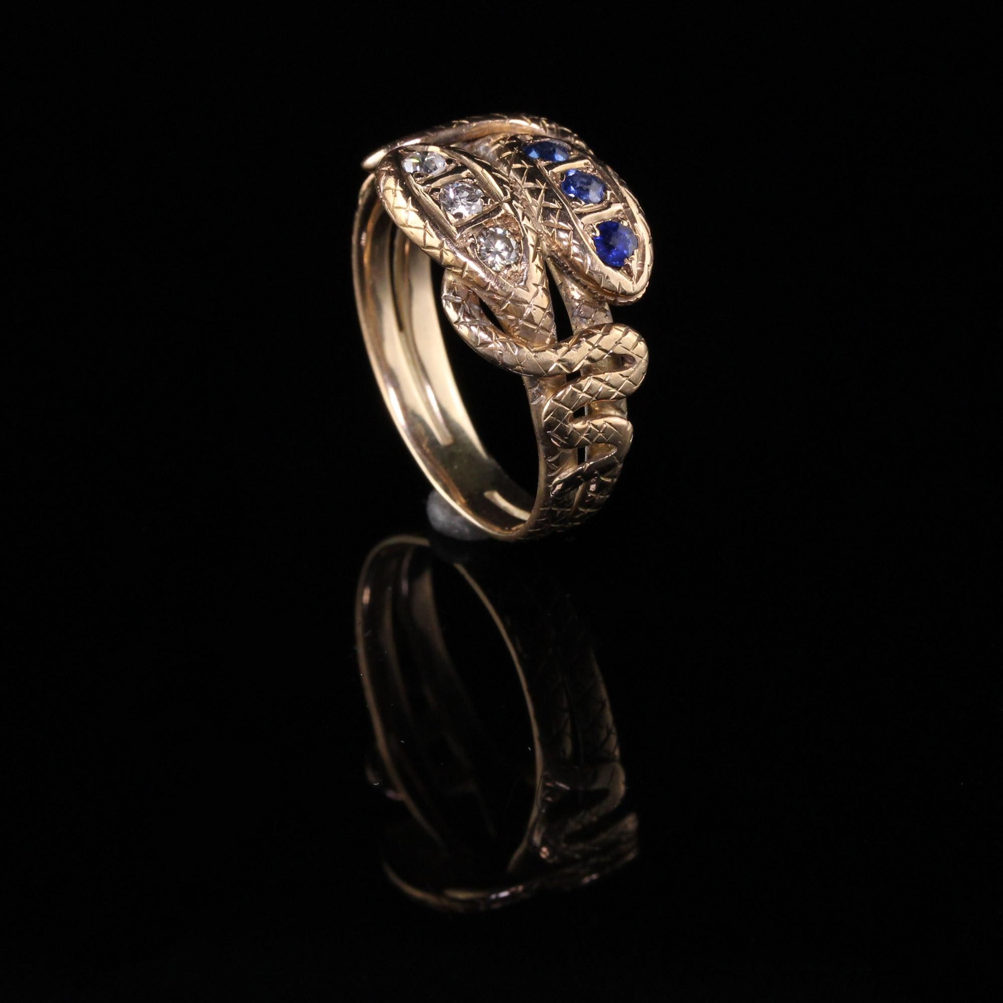 Old Mine Cut Antique Victorian 14 Karat Yellow Gold Diamond and Sapphire Double Snake Ring