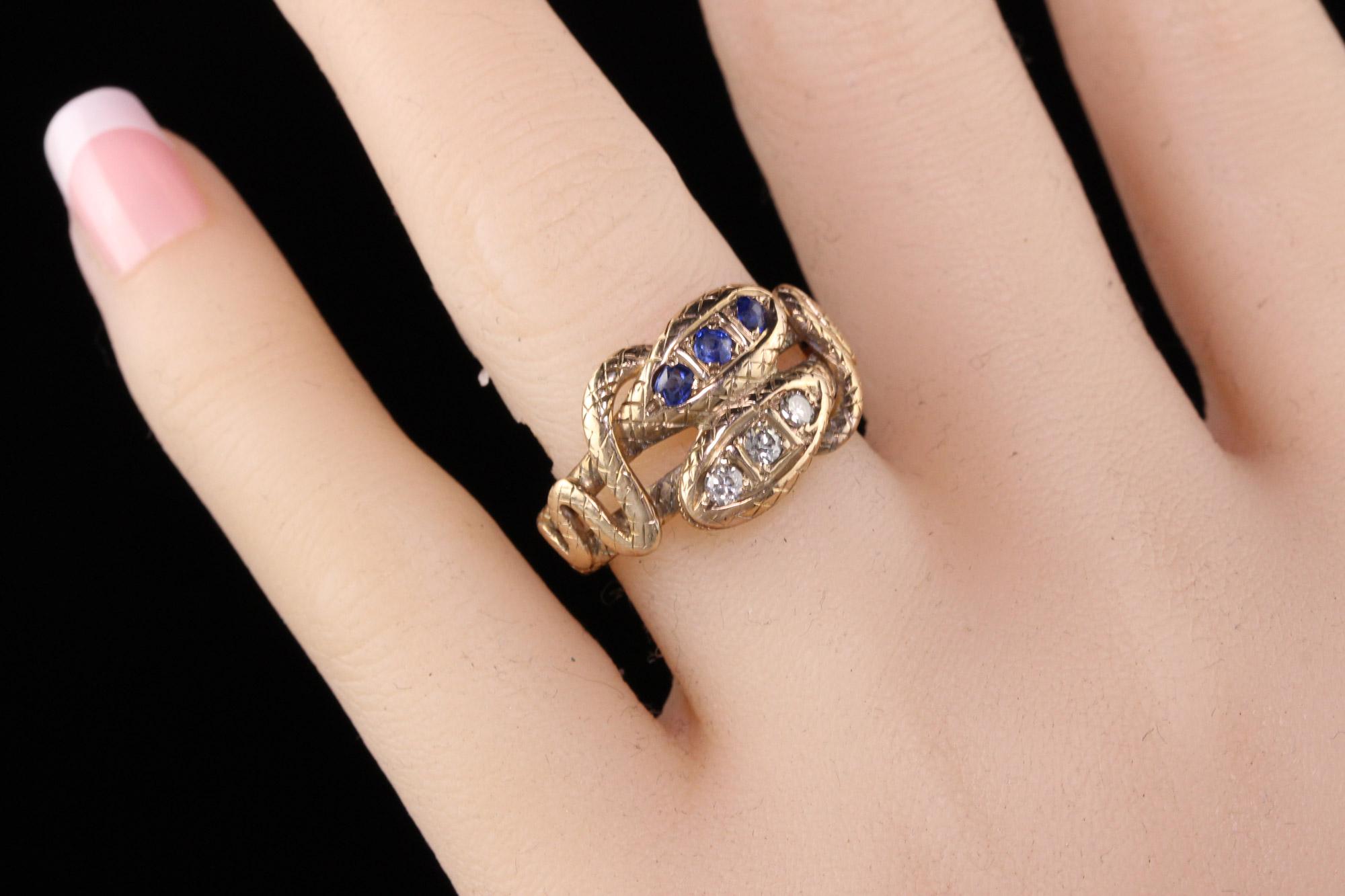 Antique Victorian 14 Karat Yellow Gold Diamond and Sapphire Double Snake Ring In Good Condition In Great Neck, NY