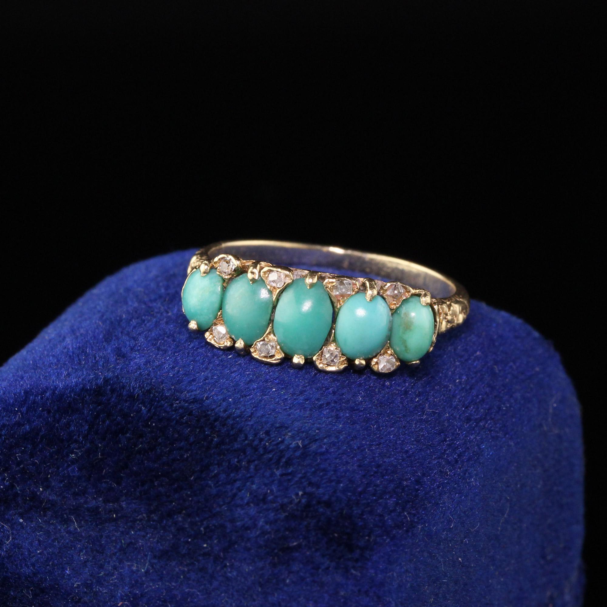 Gorgeous Victorian Turquoise and Diamond ring. The ring contains chunky old cut diamonds. 

Item #R0453

Metal: 14K Yellow Gold

Weight: 2.7 Grams

Gemstone: Turquoise

Ring Size: 6

This ring can be sized for a $50 fee!

*Please note that we cannot