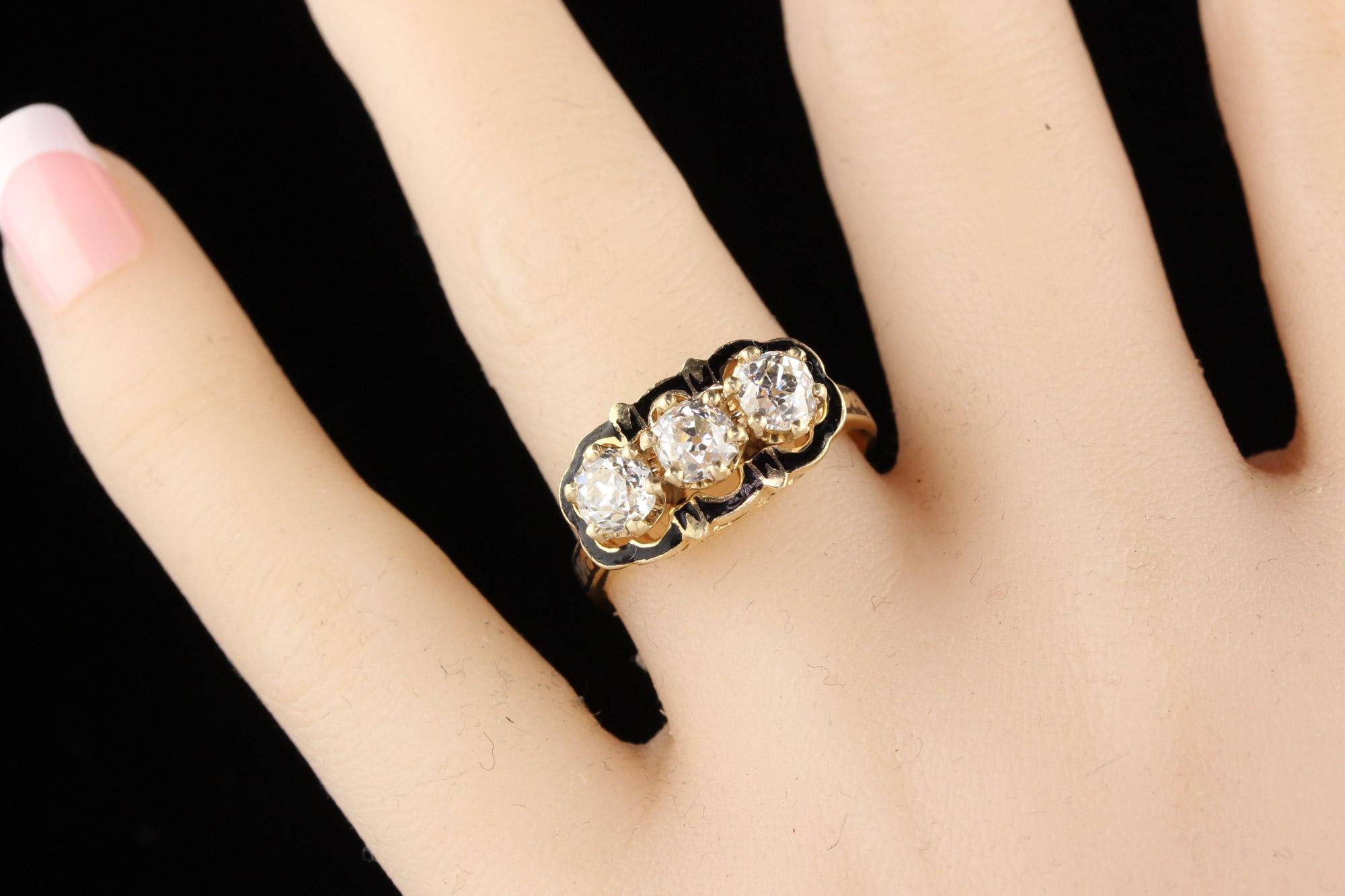 Antique Victorian 14 Karat Yellow Gold Diamond and Black Enamel 3-Stone Ring In Good Condition In Great Neck, NY