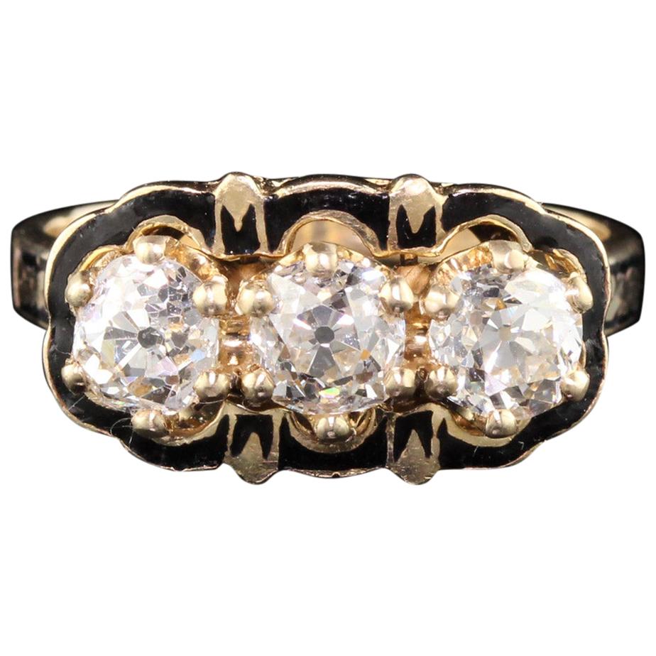 Antique Victorian 14 Karat Yellow Gold Diamond and Black Enamel 3-Stone Ring