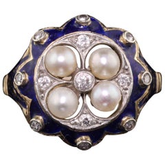 Antique Victorian 14 Karat Yellow Gold, Diamond, Blue Enamel and Pearl Ring