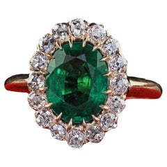 Antique Victorian 14K Yellow Gold Emerald and Old Mine Diamond Engagement Ring