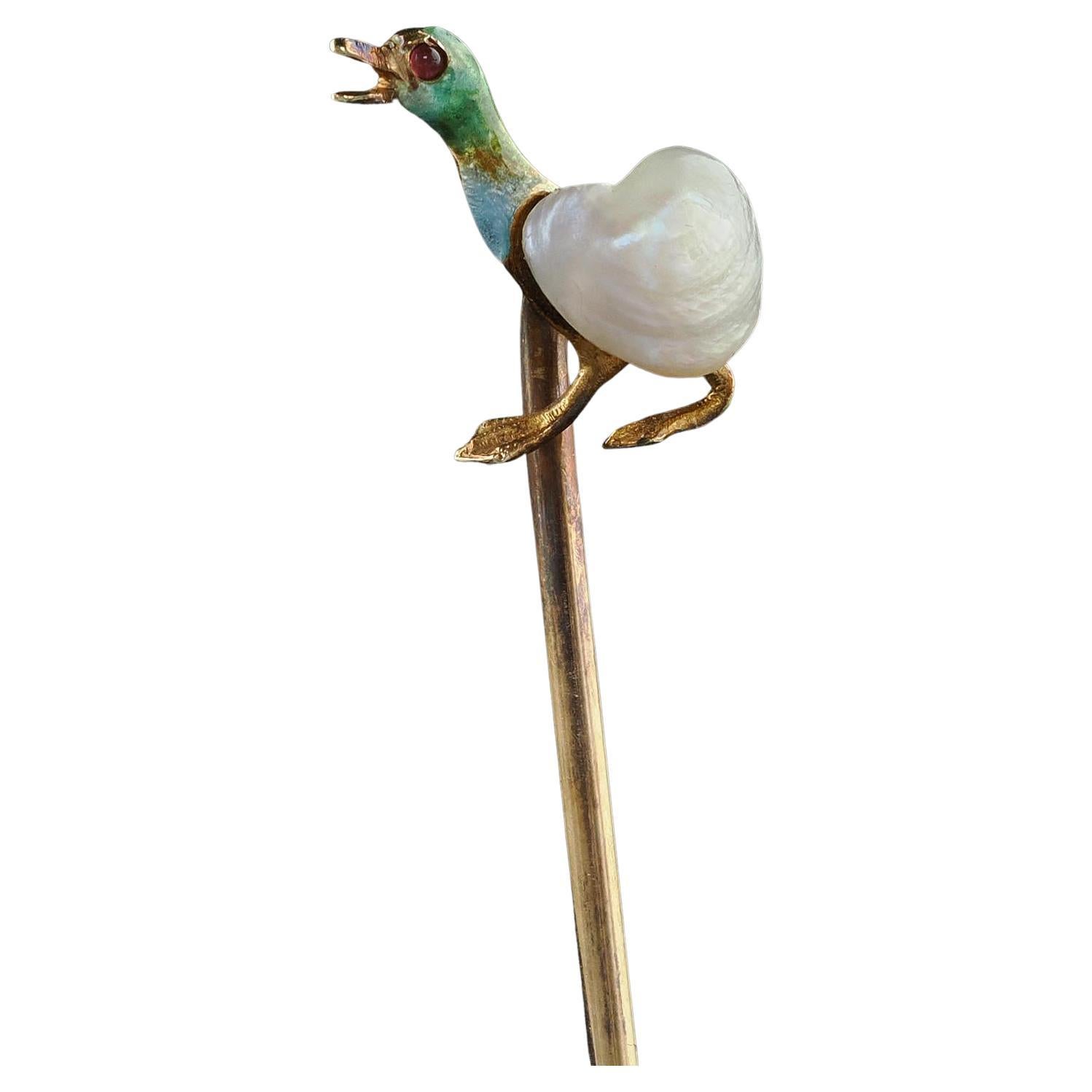 Antique Victorian 14K Yellow Gold Enamel and Pearl Duck Stick Pin