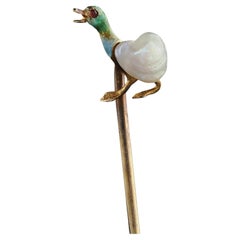 Antique Victorian 14K Yellow Gold Enamel and Pearl Duck Stick Pin