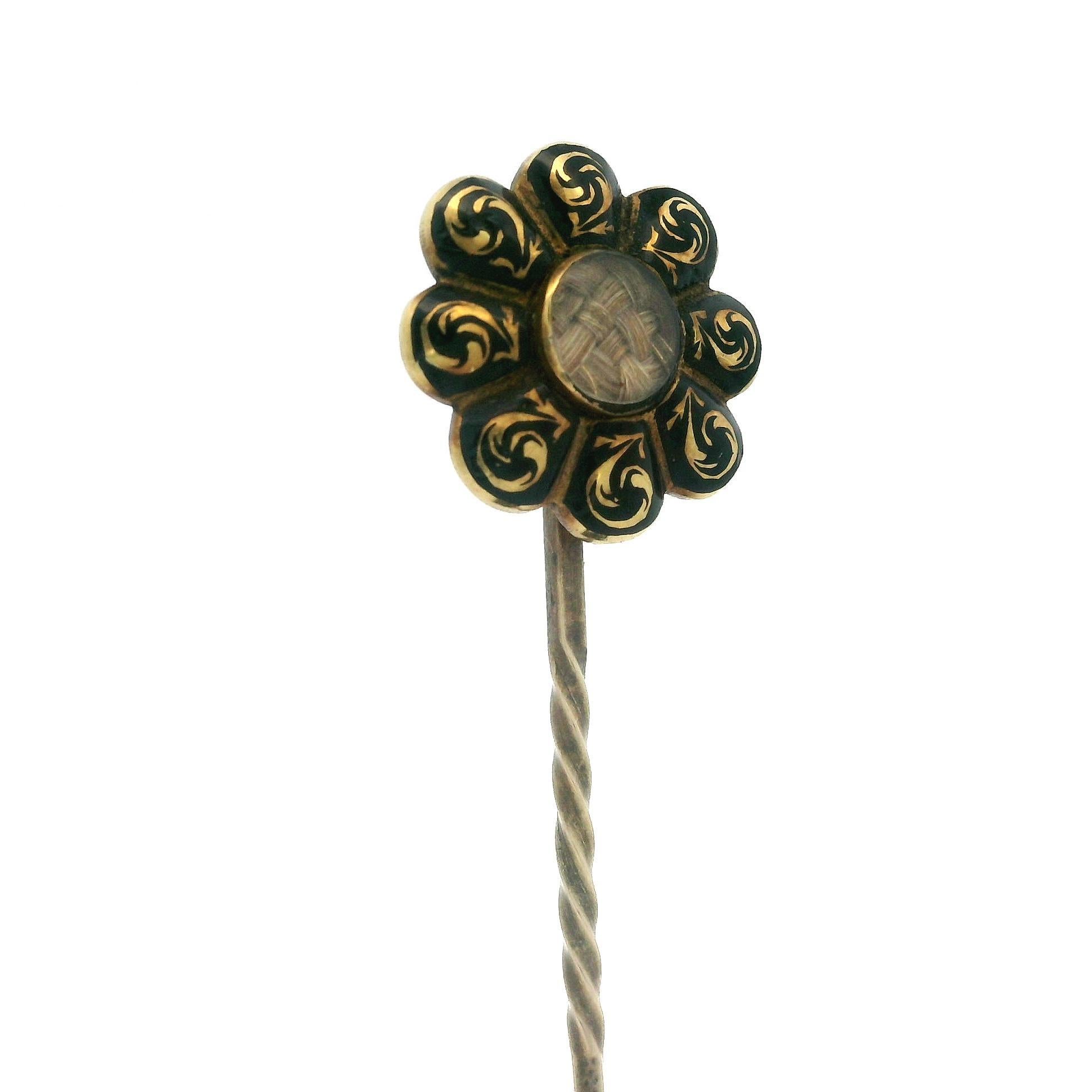 Antique Victorian 14k Yellow Gold Enamel & Hair Mourning Floral Stick Pin In Good Condition For Sale In Montclair, NJ