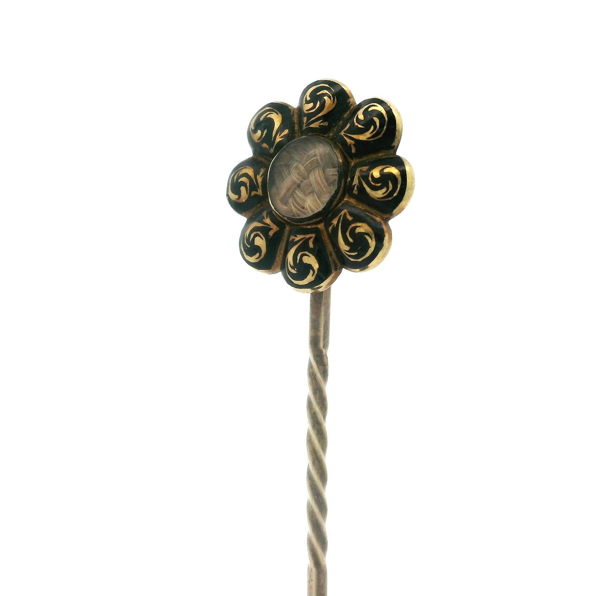 Women's Antique Victorian 14k Yellow Gold Enamel & Hair Mourning Floral Stick Pin For Sale