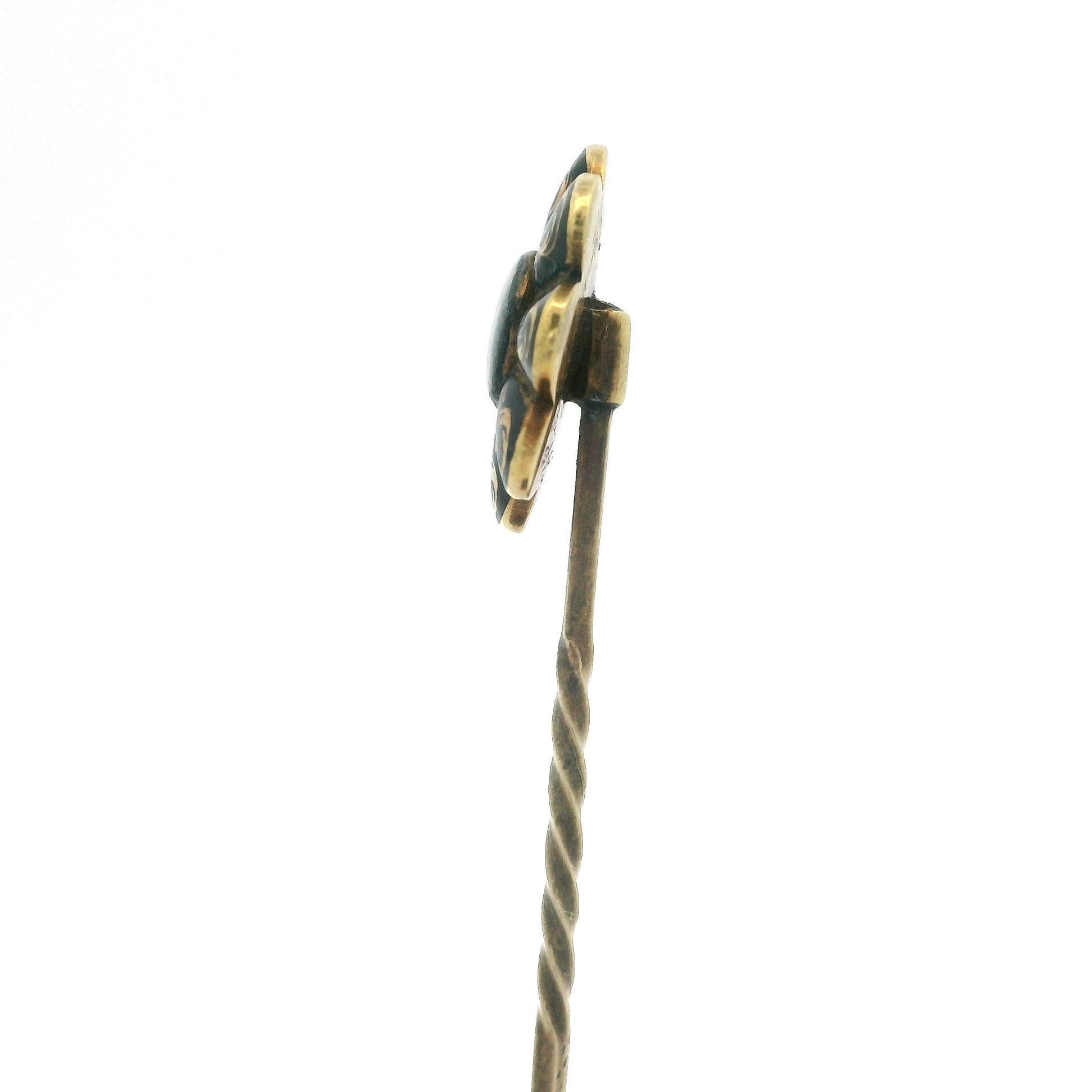 Antique Victorian 14k Yellow Gold Enamel & Hair Mourning Floral Stick Pin For Sale 1
