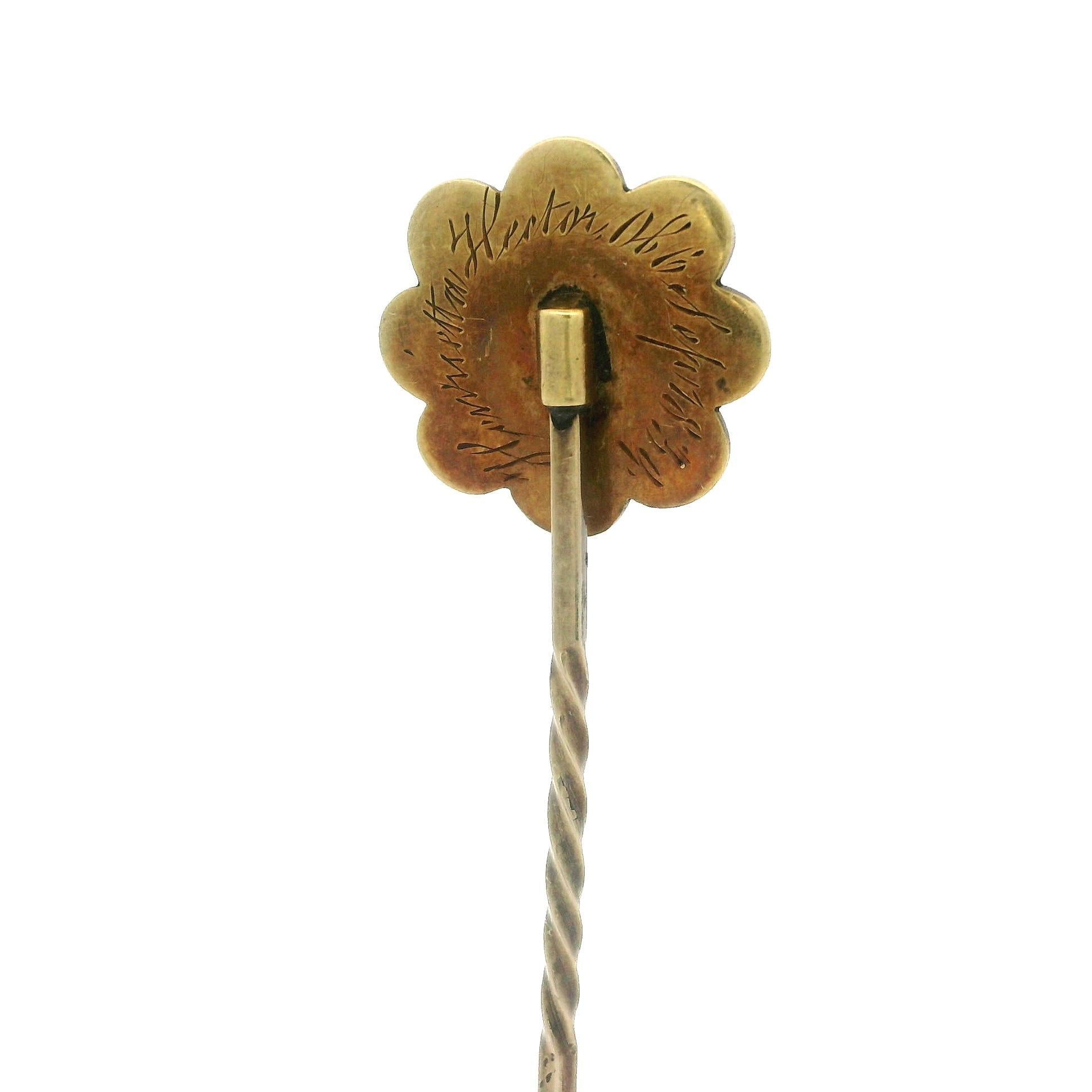 Antique Victorian 14k Yellow Gold Enamel & Hair Mourning Floral Stick Pin For Sale 2