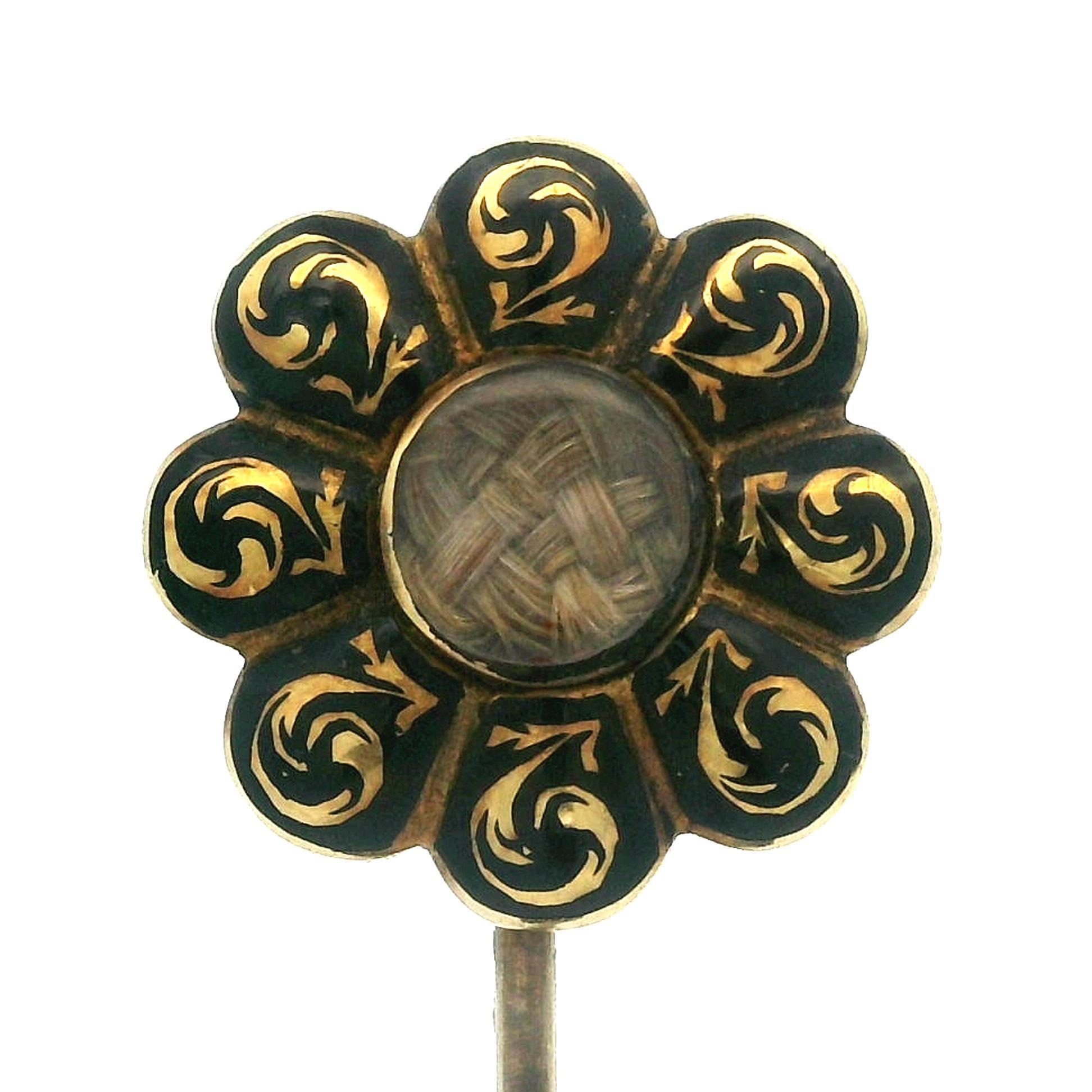 Antique Victorian 14k Yellow Gold Enamel & Hair Mourning Floral Stick Pin For Sale 3