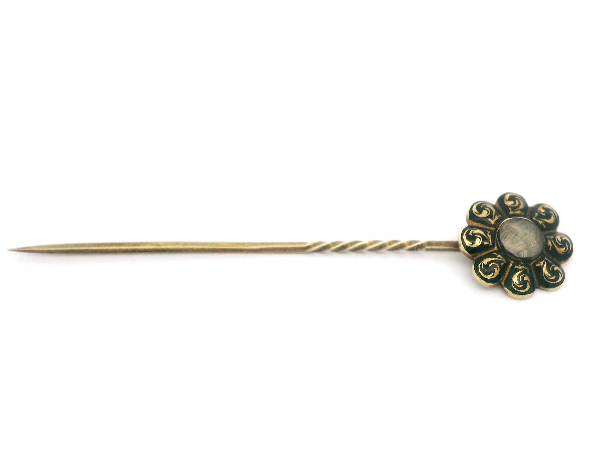 Antique Victorian 14k Yellow Gold Enamel & Hair Mourning Floral Stick Pin For Sale 4