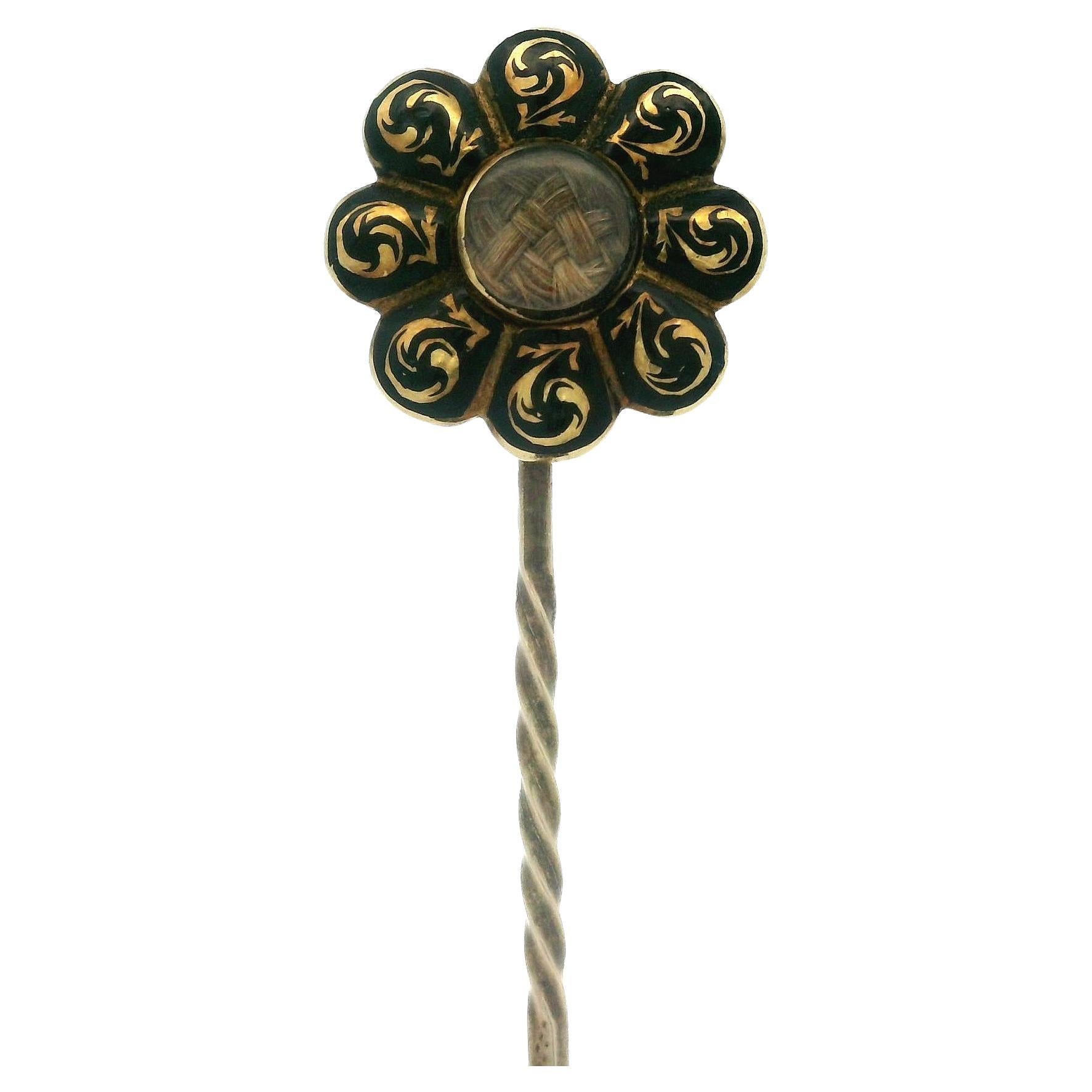 Antique Victorian 14k Yellow Gold Enamel & Hair Mourning Floral Stick Pin