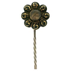 Antique Victorian 14k Yellow Gold Enamel & Hair Mourning Floral Stick Pin