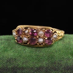 Antique Victorian 14K Yellow Gold English Garnet and Pearl Ring
