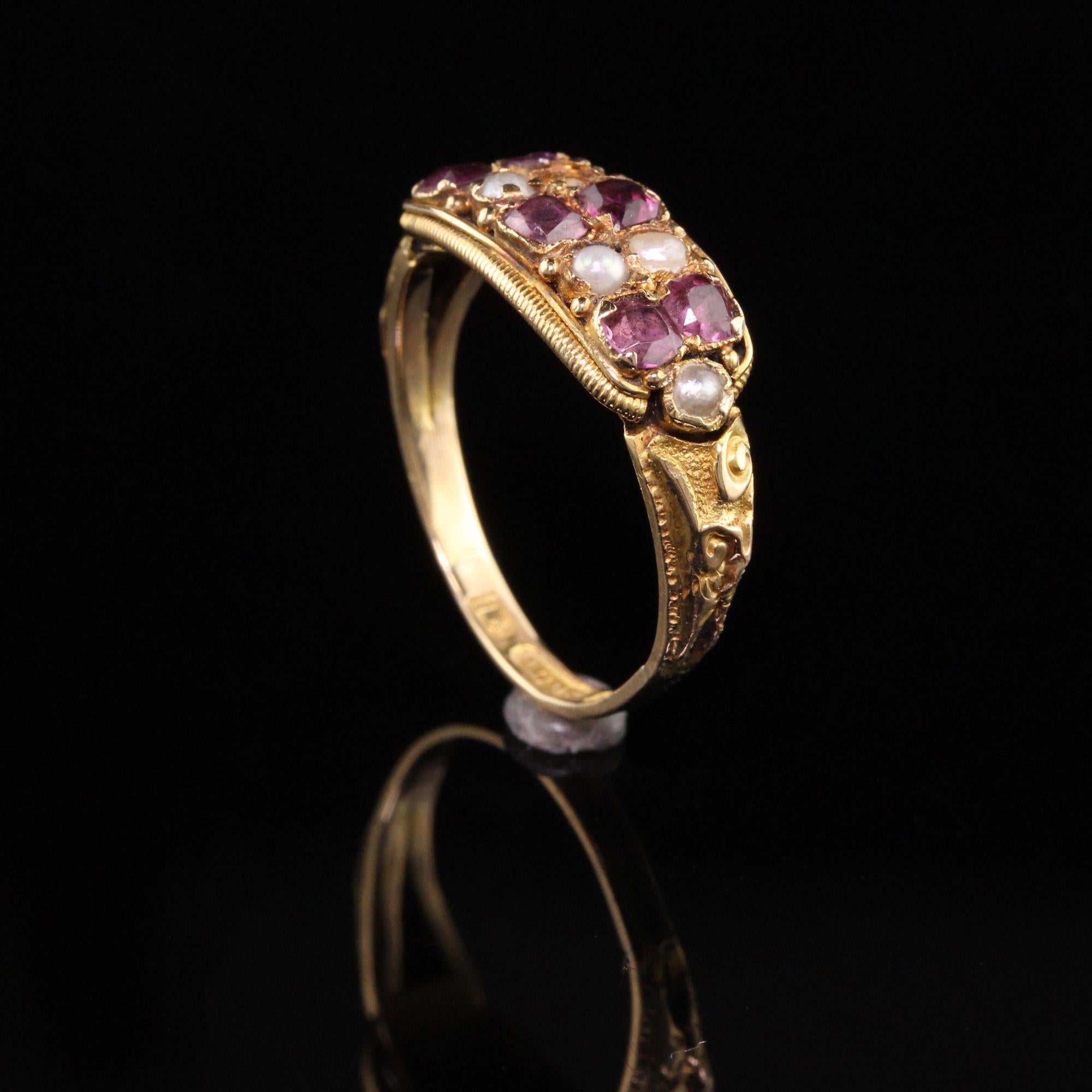 Old Mine Cut Antique Victorian 14K Yellow Gold English Garnet and Pearl Ring For Sale